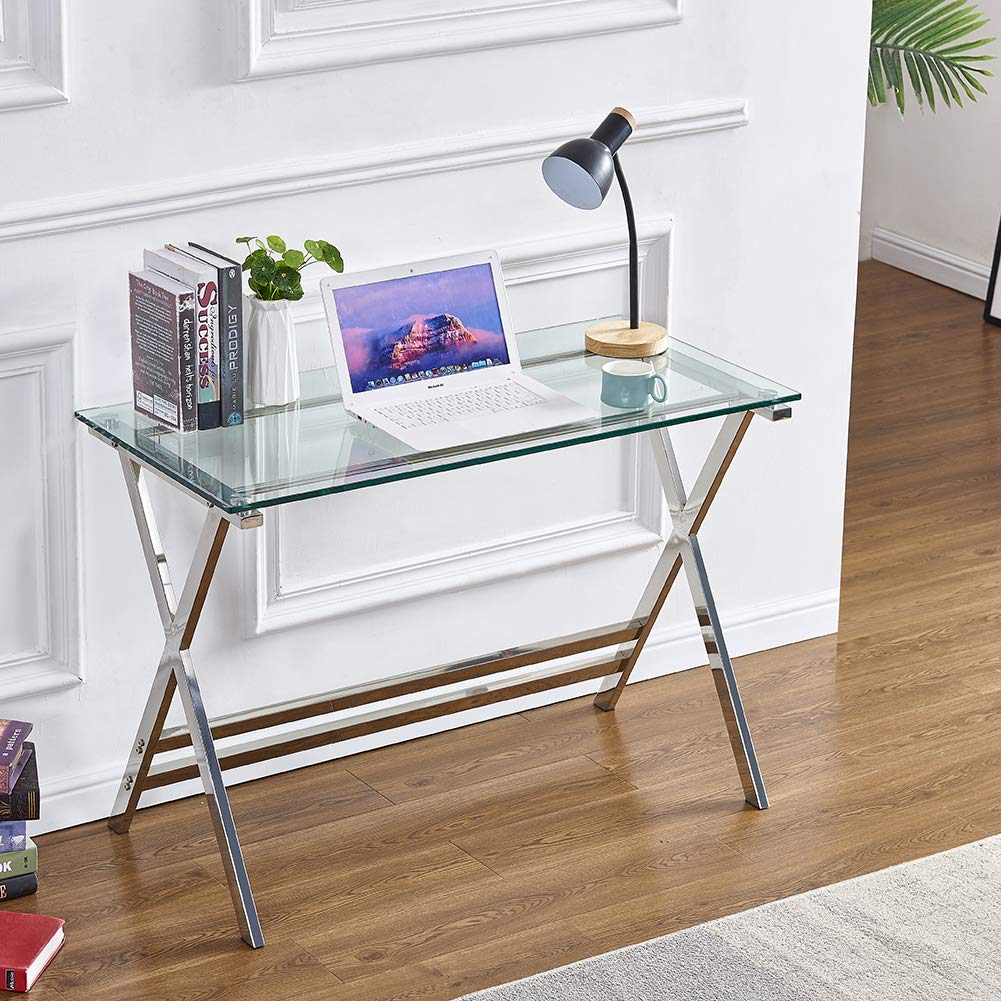 Modern Tempered Glass Computer Desk - Small Writing Study Desk for Students & Home Office, Perfect for Dorm Rooms, Small Spaces & Remote Work