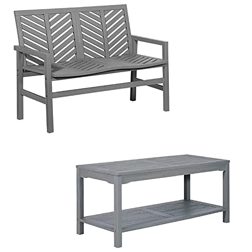 Home Square 2-Piece Patio Set with Chevron Bench & Coffee Table - Gray Wash Outdoor Furniture for Garden, Deck, or Backyard Relaxation