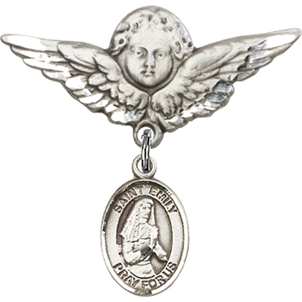 Sterling Silver Baby Badge Pin with St. Emily de Vialar Charm & Angel Wing Design - Perfect for Christening, Baptism, First Communion & Baby Shower Gifts