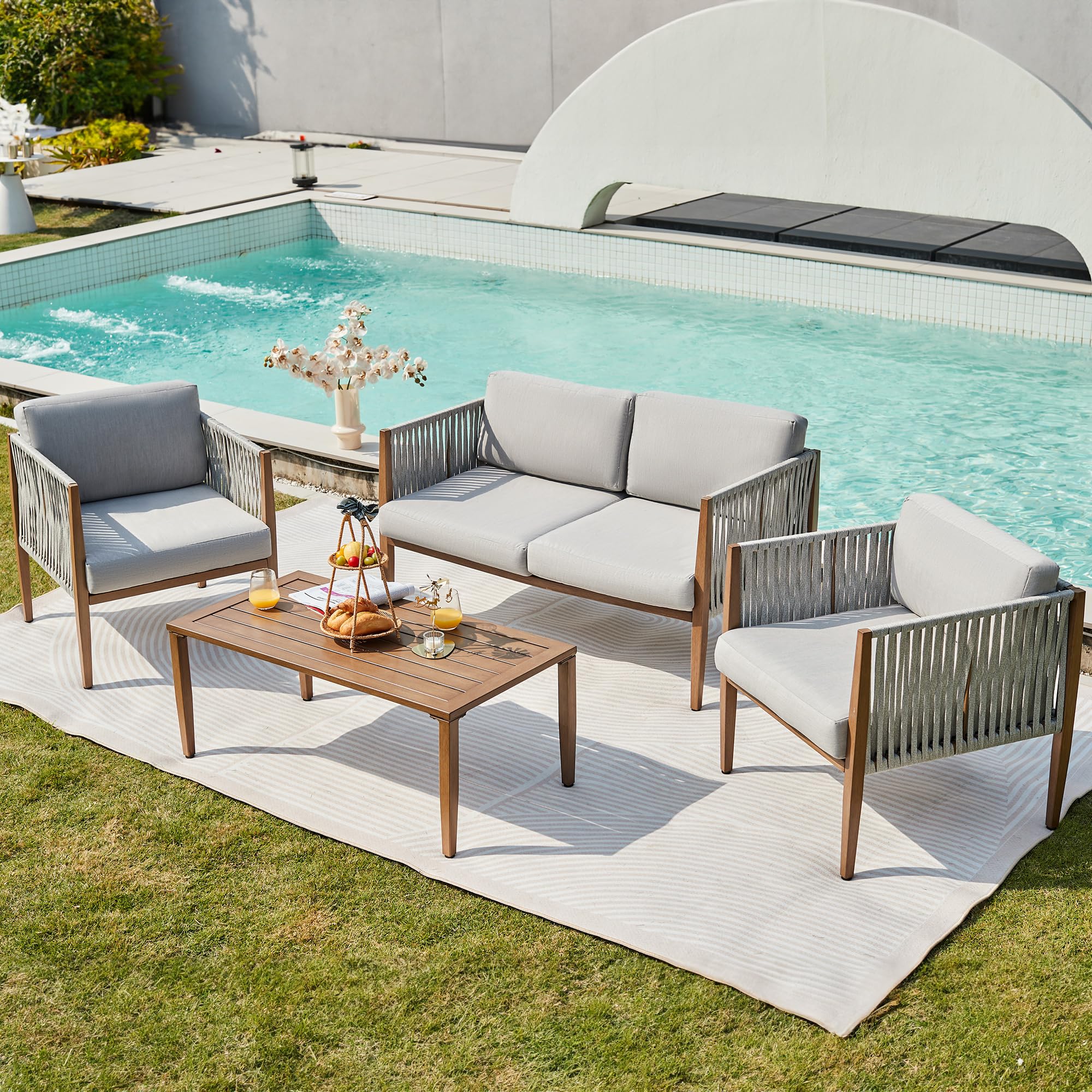4-Piece Patio Furniture Set - Outdoor Deep Seating Conversation Group with Handwoven Rope & Wood Grain Metal Frame, Olefin Cushions - Perfect for Backyard, Garden, Poolside & Patio Relaxation