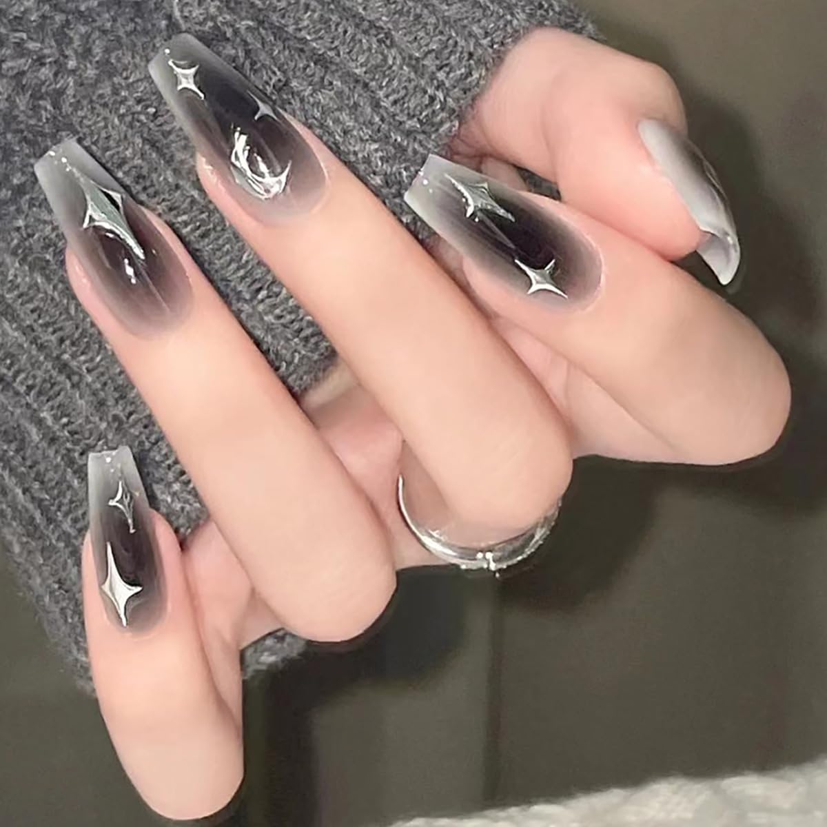 24PCS Grey Black Press on Nails Medium Length - Glossy White Silver False Nails with Star Moon Blush Designs - Full Cover Glue on Artificial Acrylic Fingernails for Women & Girls - Perfect for Parties, Weddings, and Daily Wear