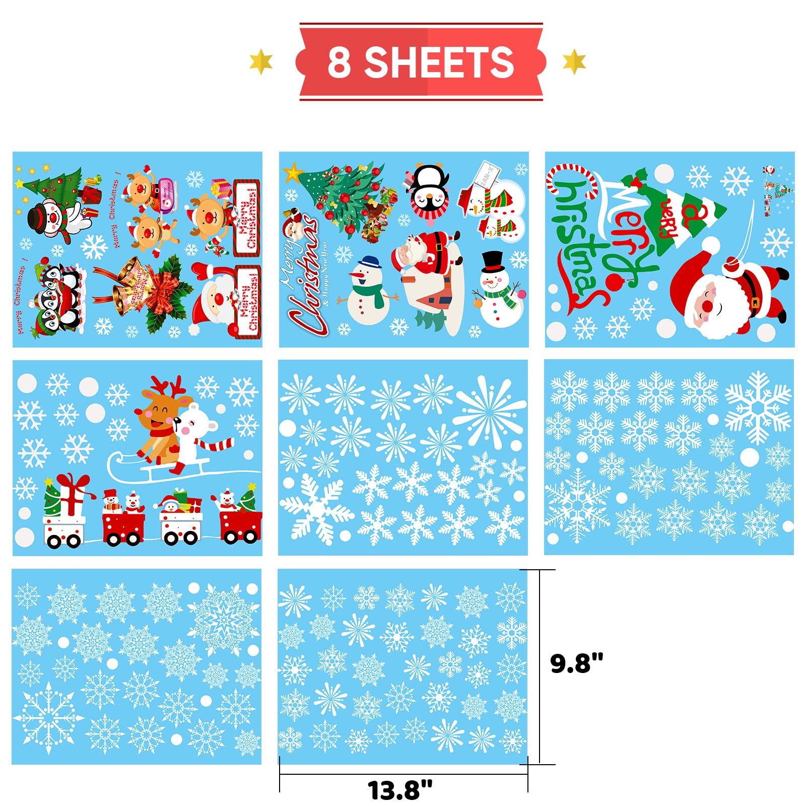 195 PCS Snowflake Christmas Window Clings - Holiday Decorative Stickers for Glass, Doors & Mirrors - 8 Sheets - Perfect for Home, Office & Classroom Decor