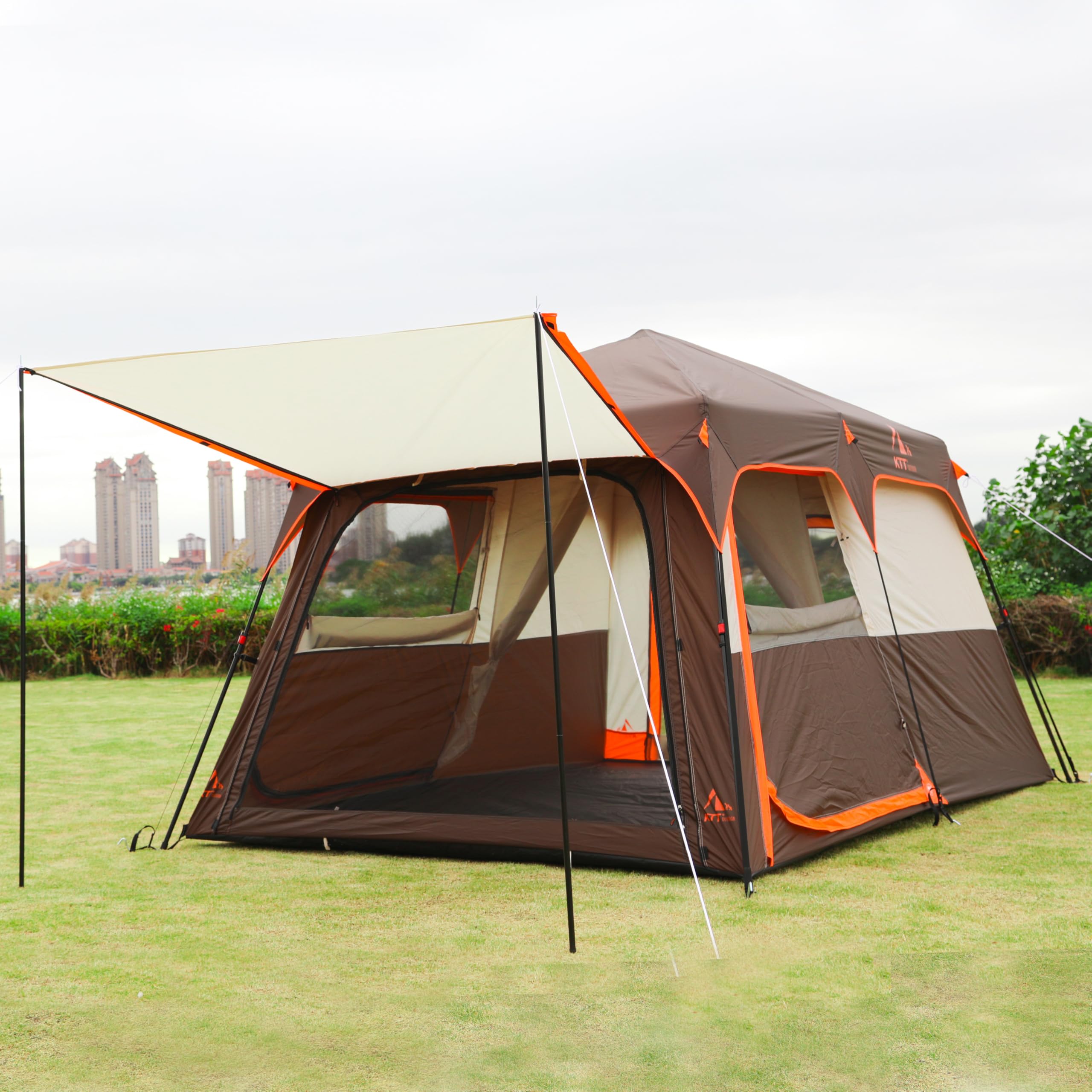 KTT Large 6-8 Person Family Cabin Tent with Straight Wall Design - 3 Doors & 3 Mesh Windows, Waterproof Outdoor Camping Tent for Picnics, Family Gatherings, and Backpacking Adventures | Perfect for Campgrounds, Beach Trips, and Backyard Campouts