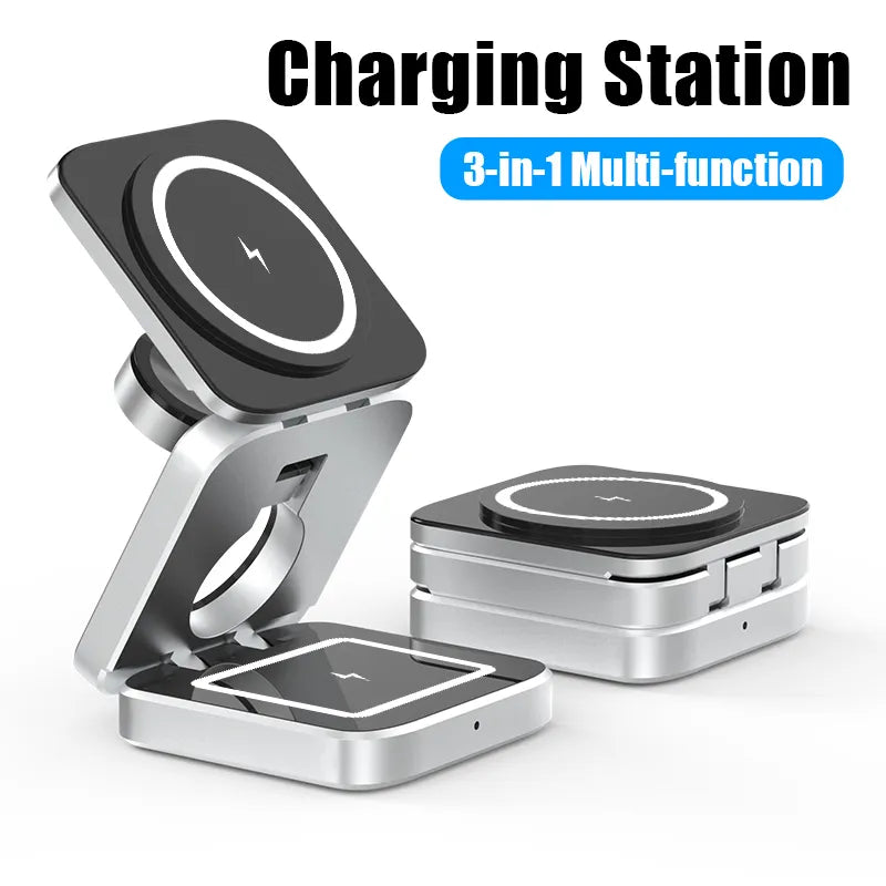 3-in-1 Foldable Magnetic Wireless Charger Station for iPhone, Samsung & AirPods - Portable Charging Stand for Home, Office & Travel
