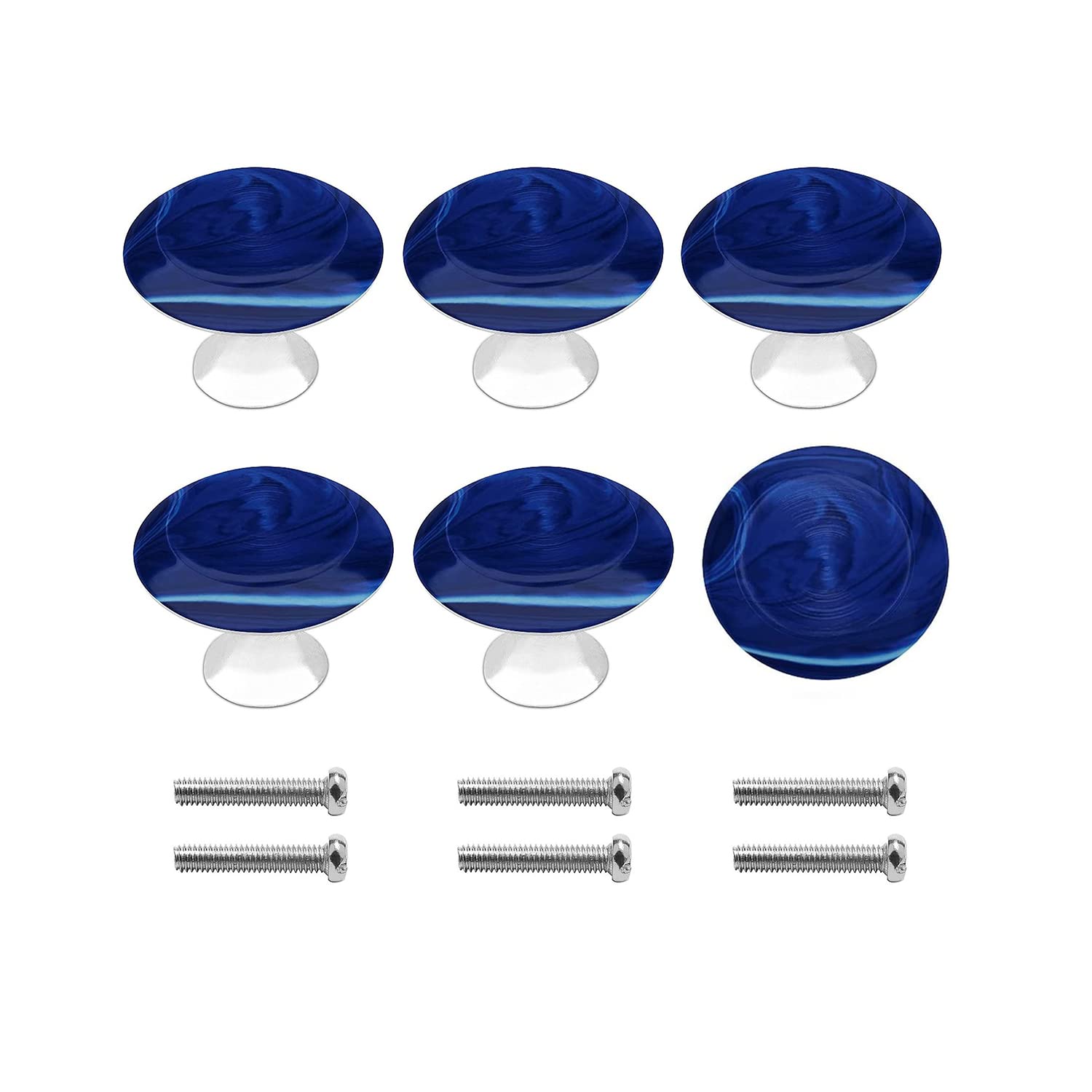 6 Pack Brushed Nickel Silver Round Cabinet Knobs with Navy Stone Cobalt Blue Talisman Design - Drawer Pulls & Kitchen Cabinet Handles with Screws - Perfect for Dressers, Kitchen Cabinets & Home Decor Upgrade