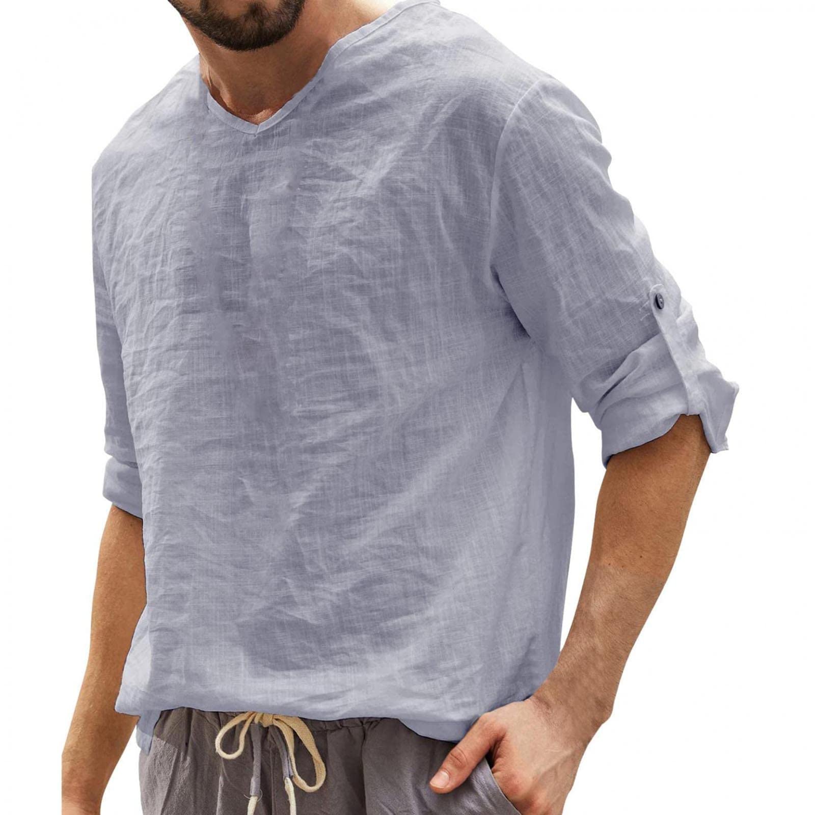 2022 Summer Men's Casual Button Down Shirt - Breathable Cotton Linen Blend Long Sleeve Polo Shirt for Work & Outdoor Activities | NNT57PC