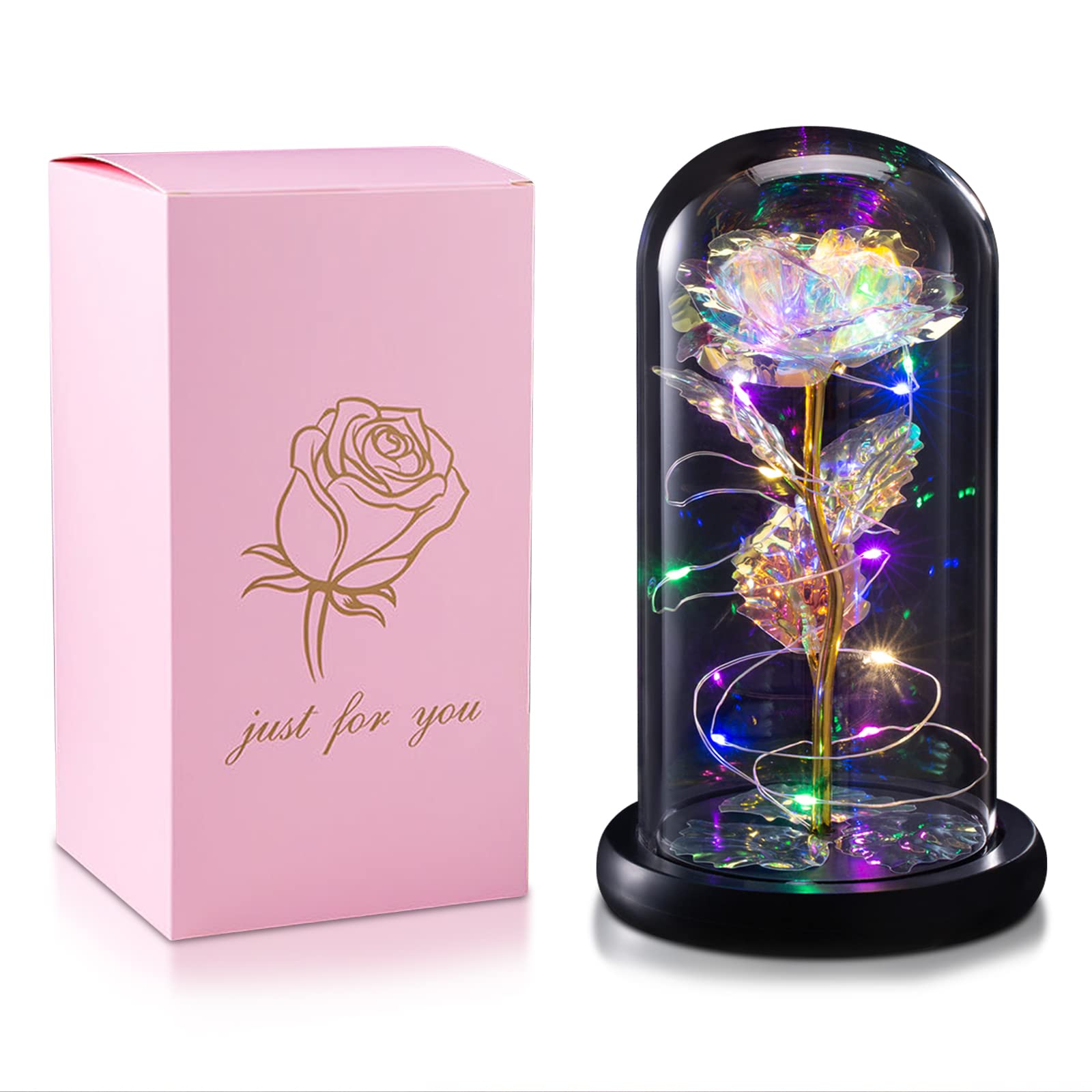 Galaxy Flower Artificial Rose in Glass Dome with LED Lights - Colorful Gold Foil Rose Gift for Mother's Day, Anniversary, Wedding, Birthday & Valentine's Day | Unique Home Decor for Living Room, Bedroom & Office Desk
