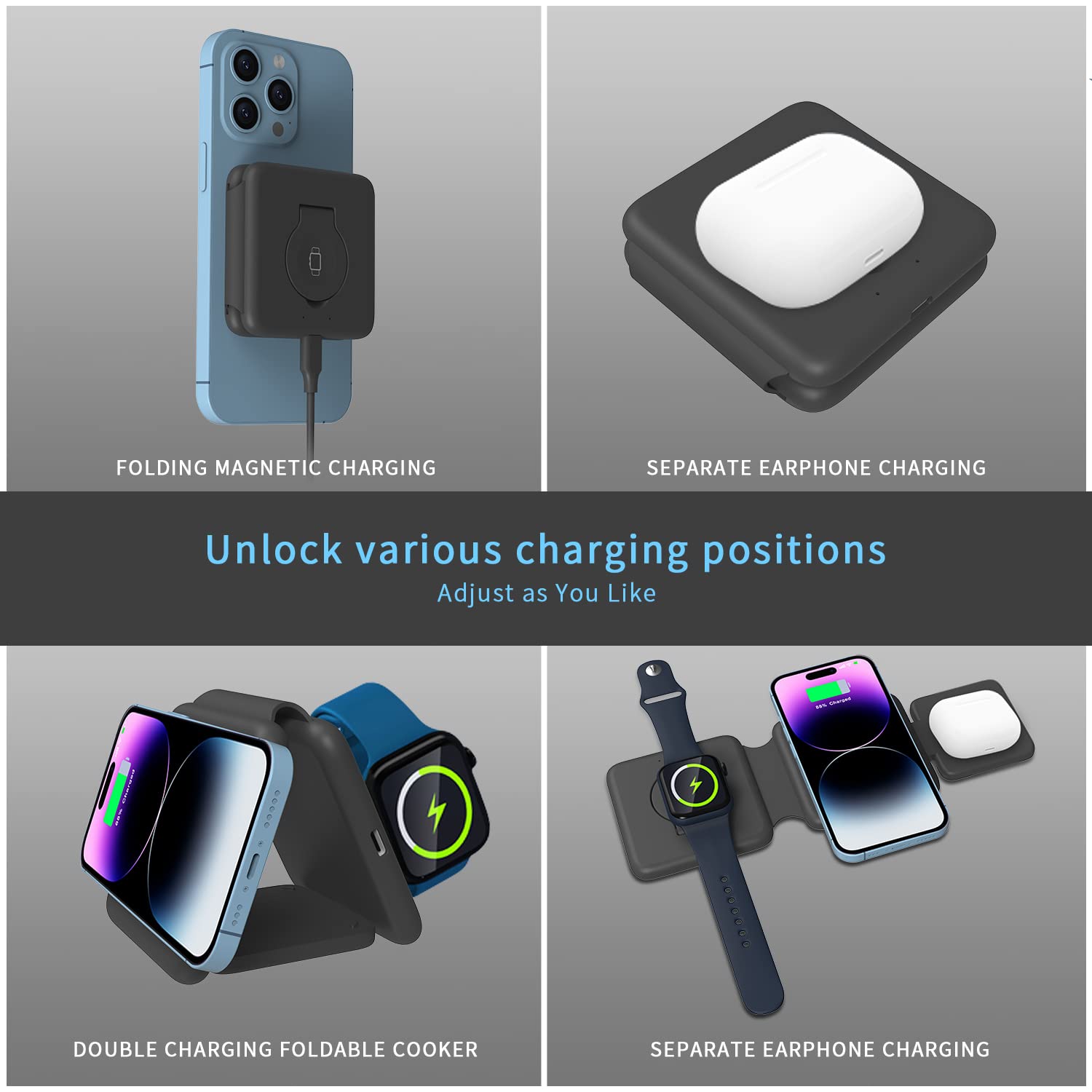 3-in-1 Magnetic Fast Wireless Charging Station - Foldable Wireless Charger for iPhone 16/15/14/13/12 Pro Max, Apple Watch & AirPods (Black) | Perfect for Home, Office & Travel | Adapters Not Included
