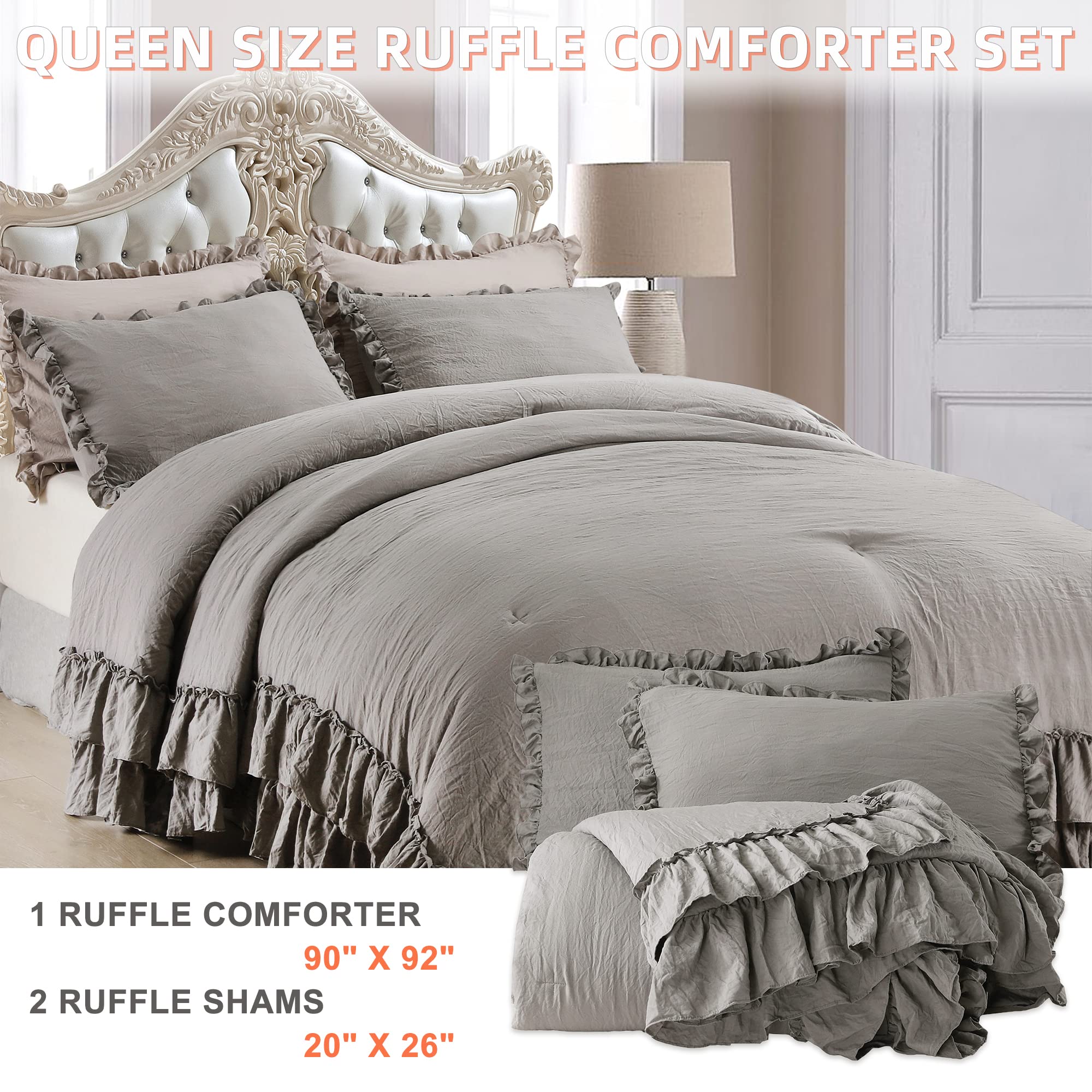 QSH Shabby Grey Ruffled Chic Queen Size Comforter Set - 3 Piece Farmhouse Boho Bedding, All Season Microfiber Filled Ultra Soft Lightweight Bedspread | Perfect for Master Bedroom, Guest Room & Cozy Boho Decor
