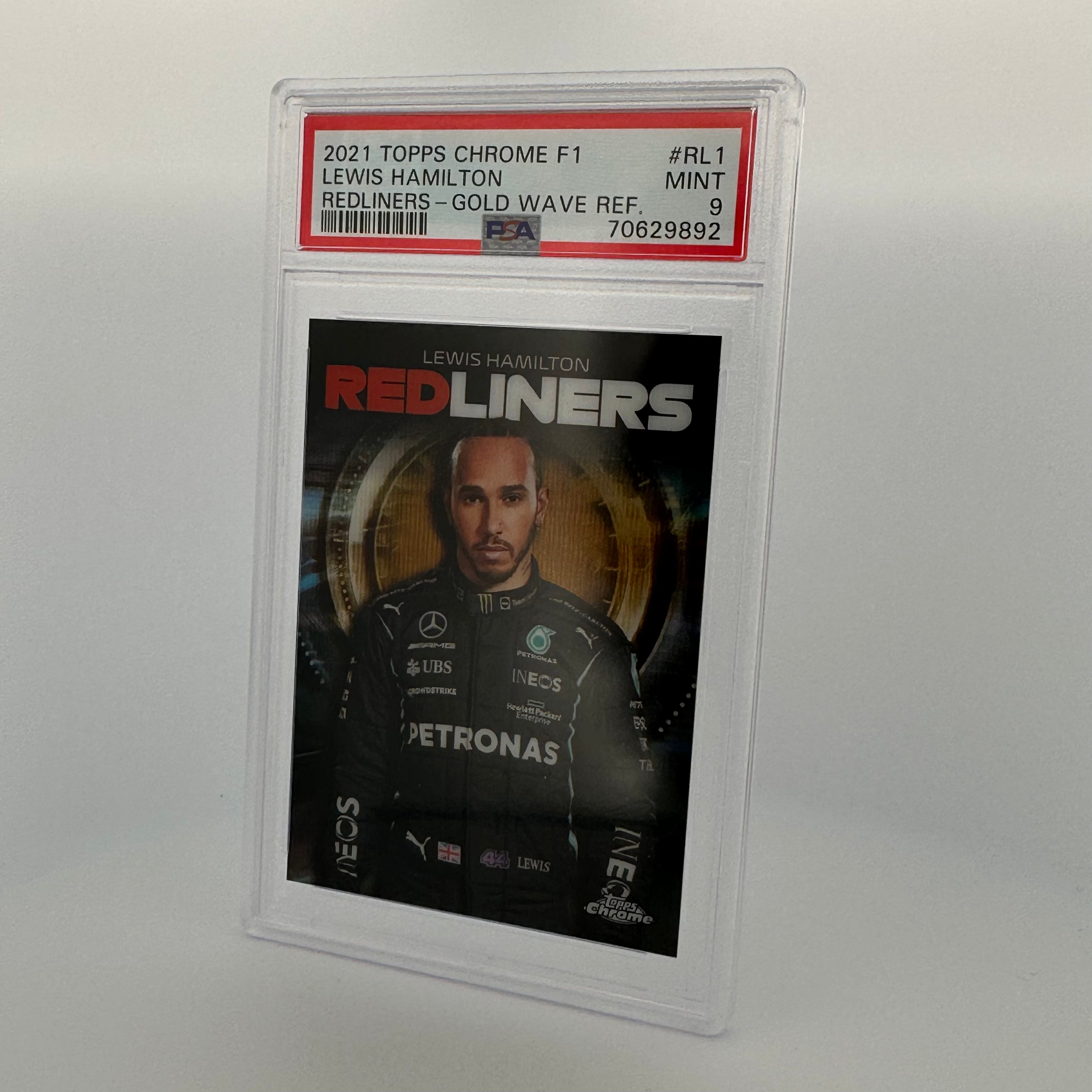 PSA 9 43/50 Lewis Hamilton #RL1 Redliners Gold Wave Refractor - Rare F1 Racing Card for Collectors & Fans - Perfect for Display, Trading, and Investment