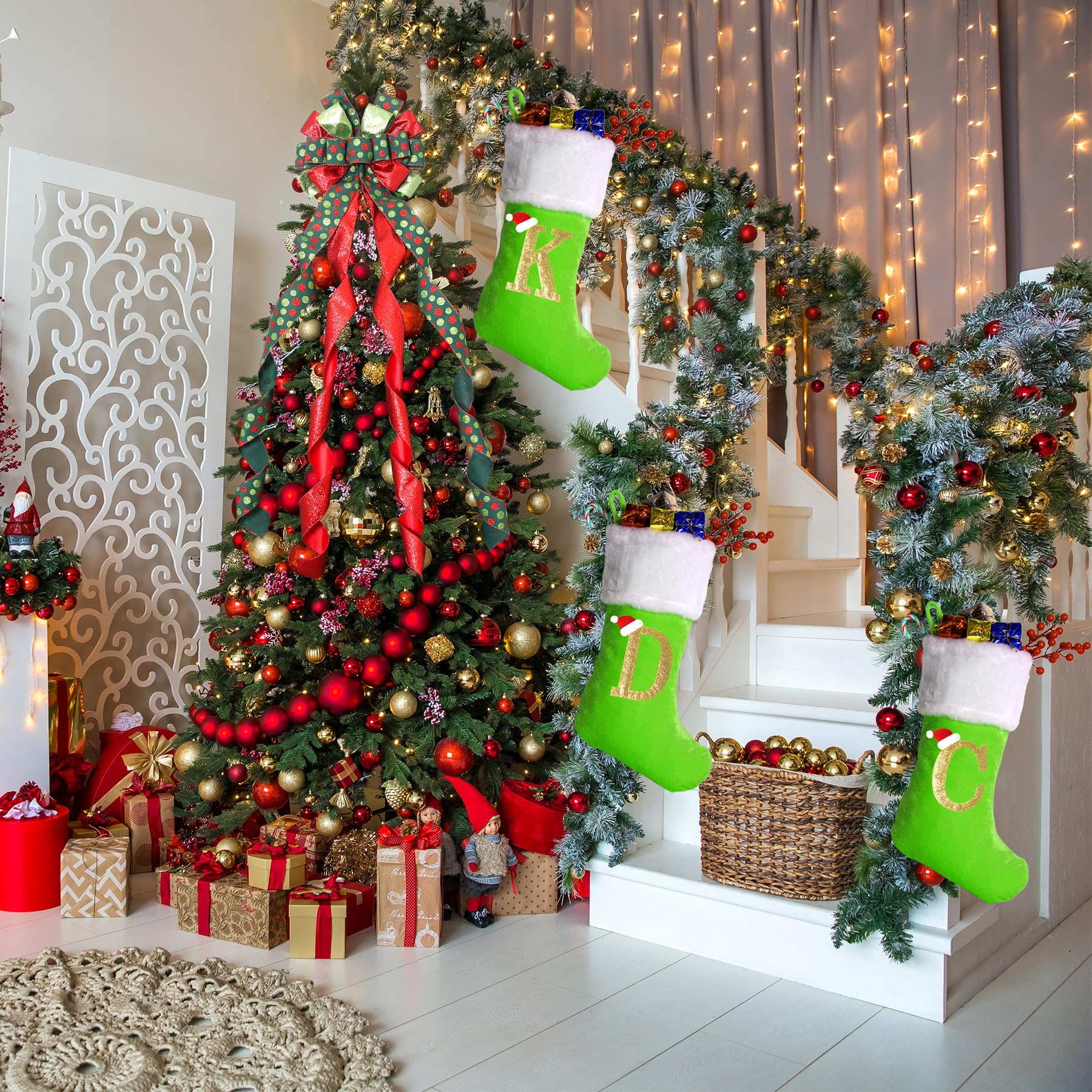 Personalized 20-Inch Monogram Christmas Stockings - Large Green Velvet Holiday Stockings with Soft Plush Cuff - Perfect for Fireplace, Xmas Tree & Holiday Decorations (Custom Letters Available)