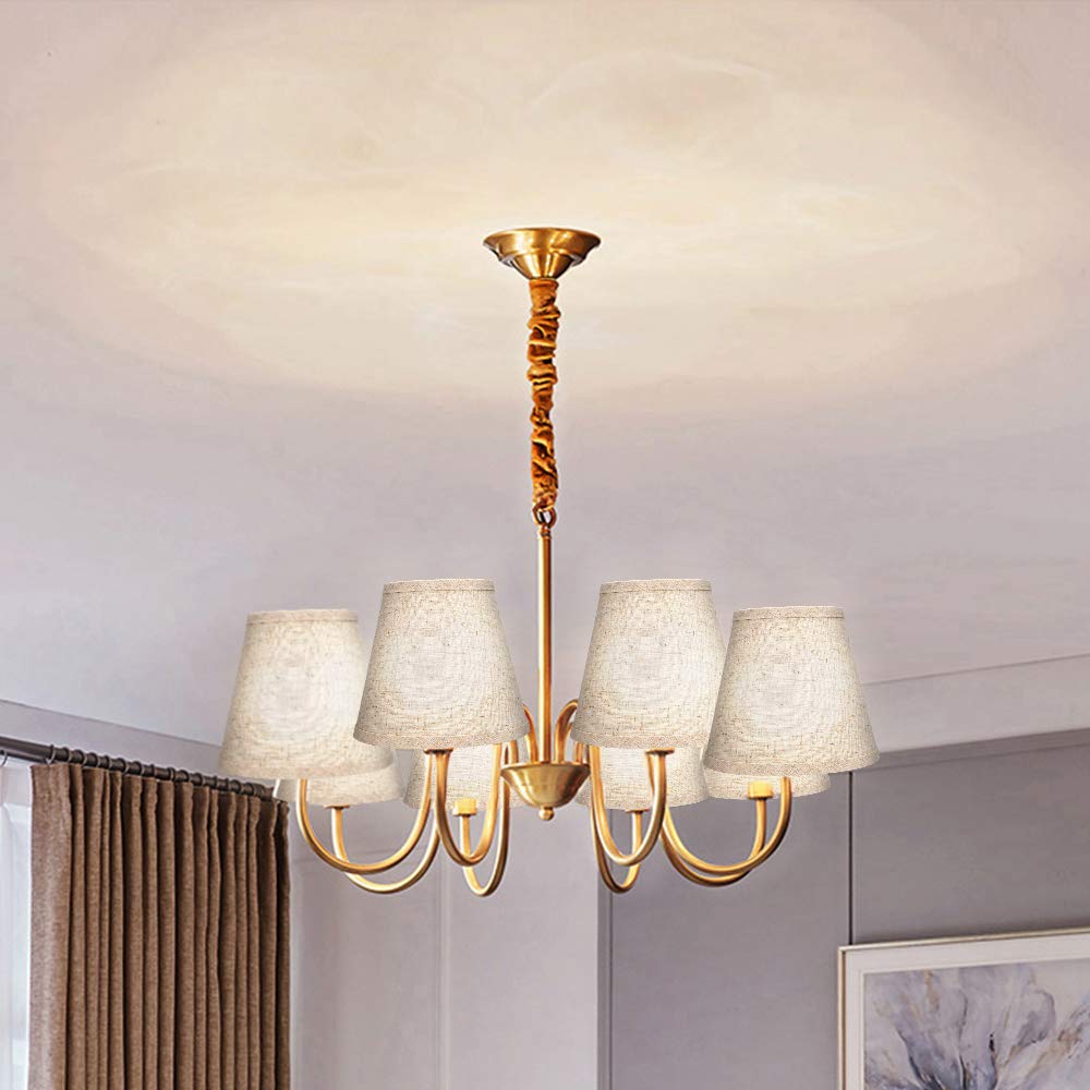 ALUCSET 2-Pack Small Clip-On Lamp Shades for Candelabra Bulbs - 5x8x7 Inch Barrel Fabric Lampshades in White/Brown - Perfect for Table Lamps, Chandeliers & Wall Sconces - Elegant Home & Office Lighting Decor