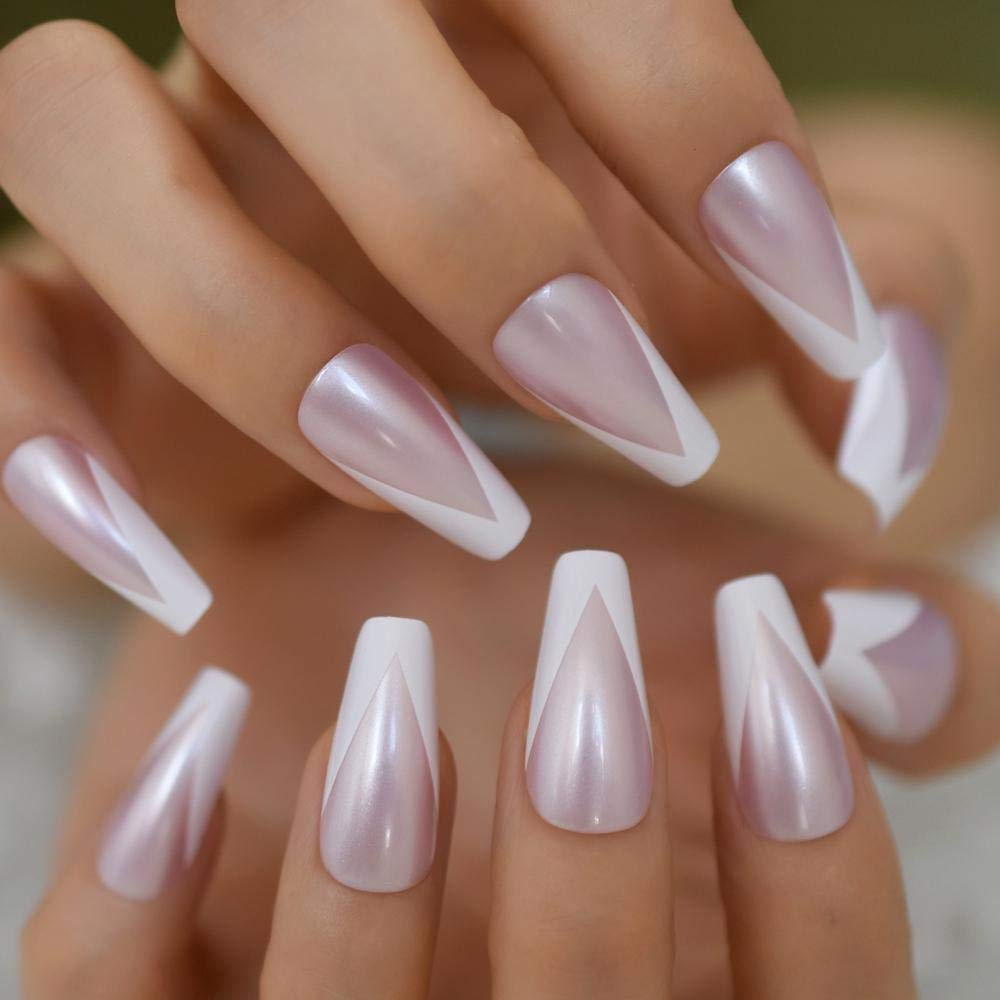 HUJL False Nails - Shiny French Pink Pearl Press On Fake Nails, Long Ballerina & Coffin Shape Nail Covers with Extension Tool | Perfect for Parties, Weddings & Special Occasions