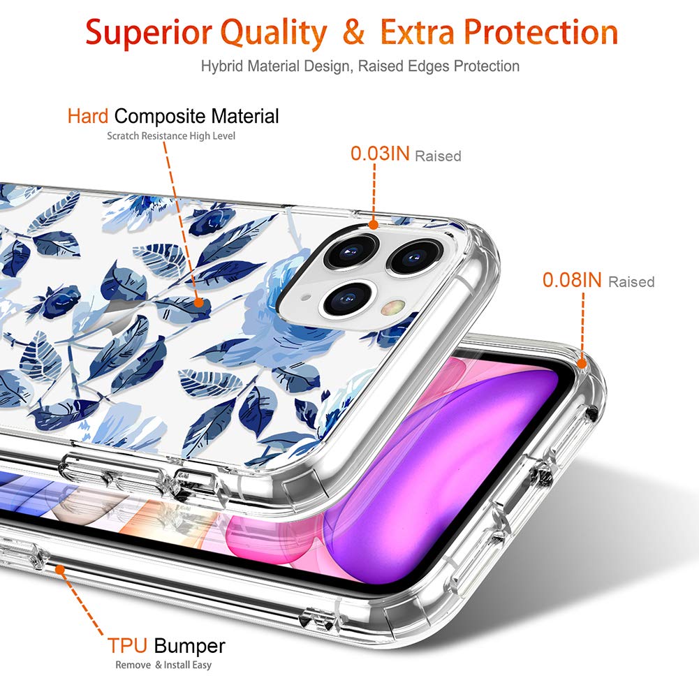 GiiKa Clear Floral Shockproof Hard PC Case with TPU Bumper & Screen Protector for iPhone 11 Pro Max | Protective Phone Cover for Women & Girls | Perfect for Everyday Use, Travel & Outdoor Activities