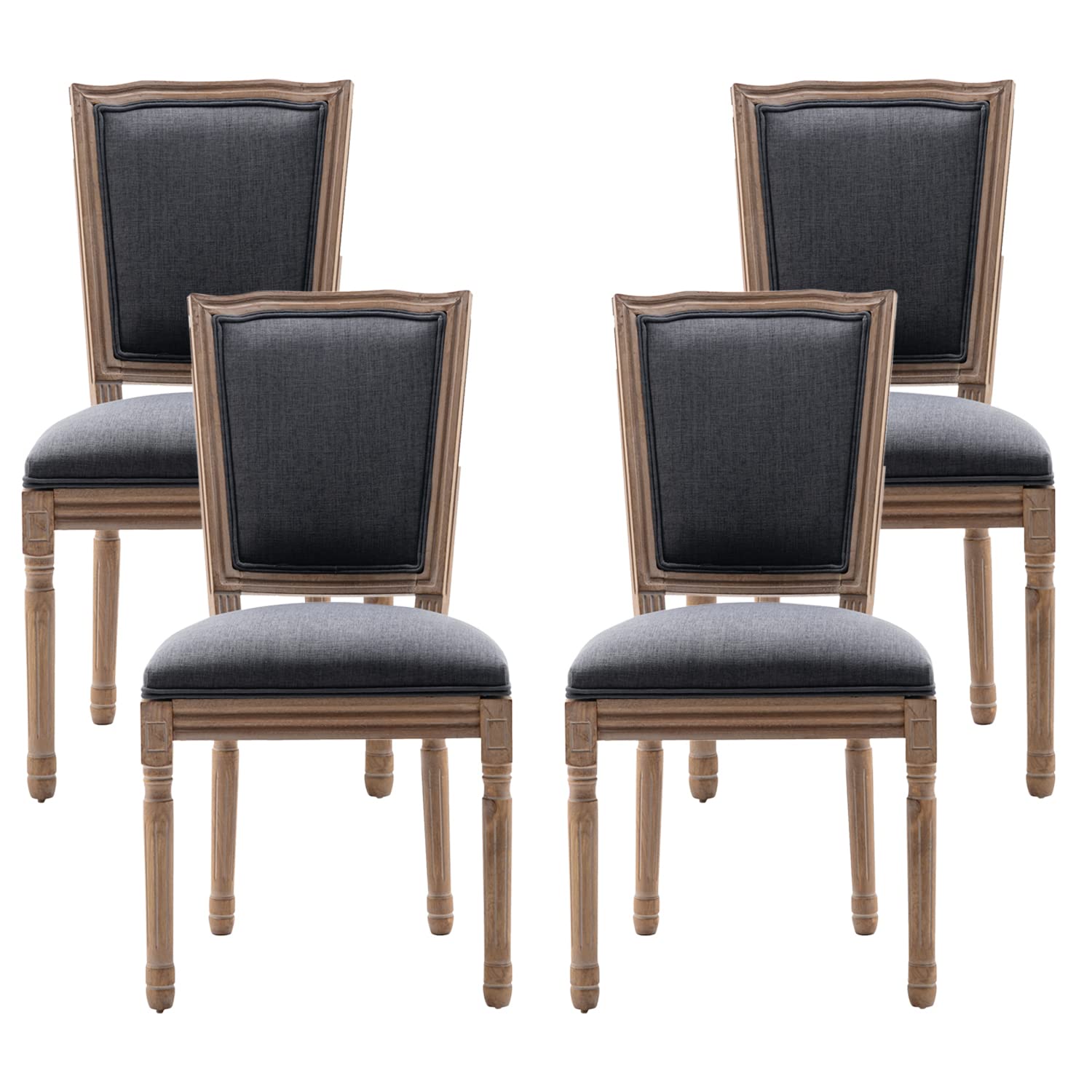 Nrizc Farmhouse Dining Chairs Set of 4 - French Countryside Square Back Bistro Chairs with Brown Wood Legs in Dark Grey | Perfect for Dining Room, Kitchen, Living Room & Restaurant Decor