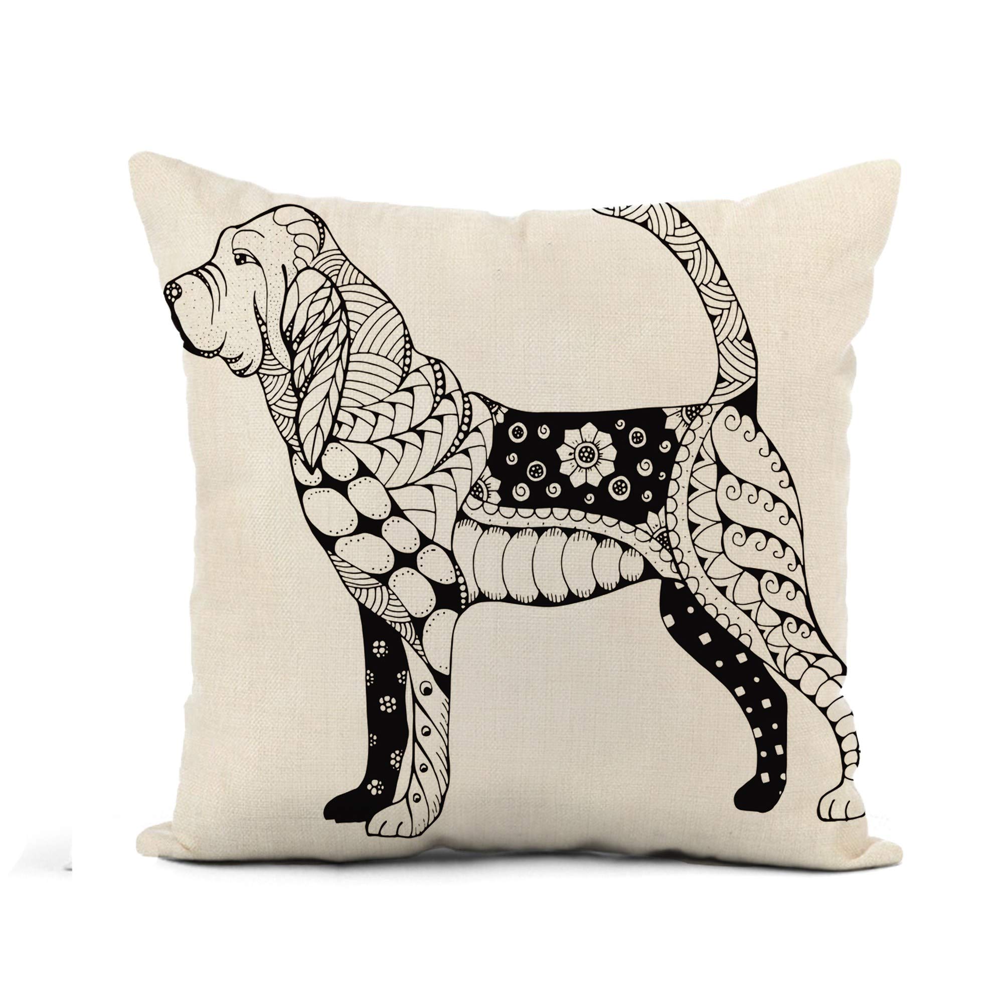 Awowee 16x16 Inch Flax Throw Pillow Cover - Dog Bloodhound Zentangle Freehand Pencil Pattern, Zen Coloring Book Design, Square Cotton Linen Cushion Case for Sofa, Bed & Home Decor | Perfect for Living Room, Bedroom & Cozy Spaces