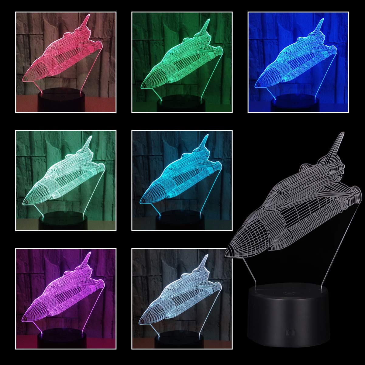 3D Space Shuttle LED Night Light Bulb - 7 Color Changing USB-Powered Touch Sensor Illusion Lamp for Kids Room, Birthday & Christmas Gifts | Bedside, Nursery, Study Desk Decor