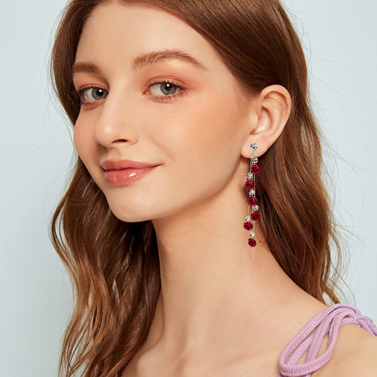 3D Rose Flower Crystal Long Tassel Drop Earrings for Women - CZ Rhinestone Rose Fashion Jewelry in Purple & Red - Elegant Dangle Earrings for Weddings, Parties, Date Nights & Special Occasions