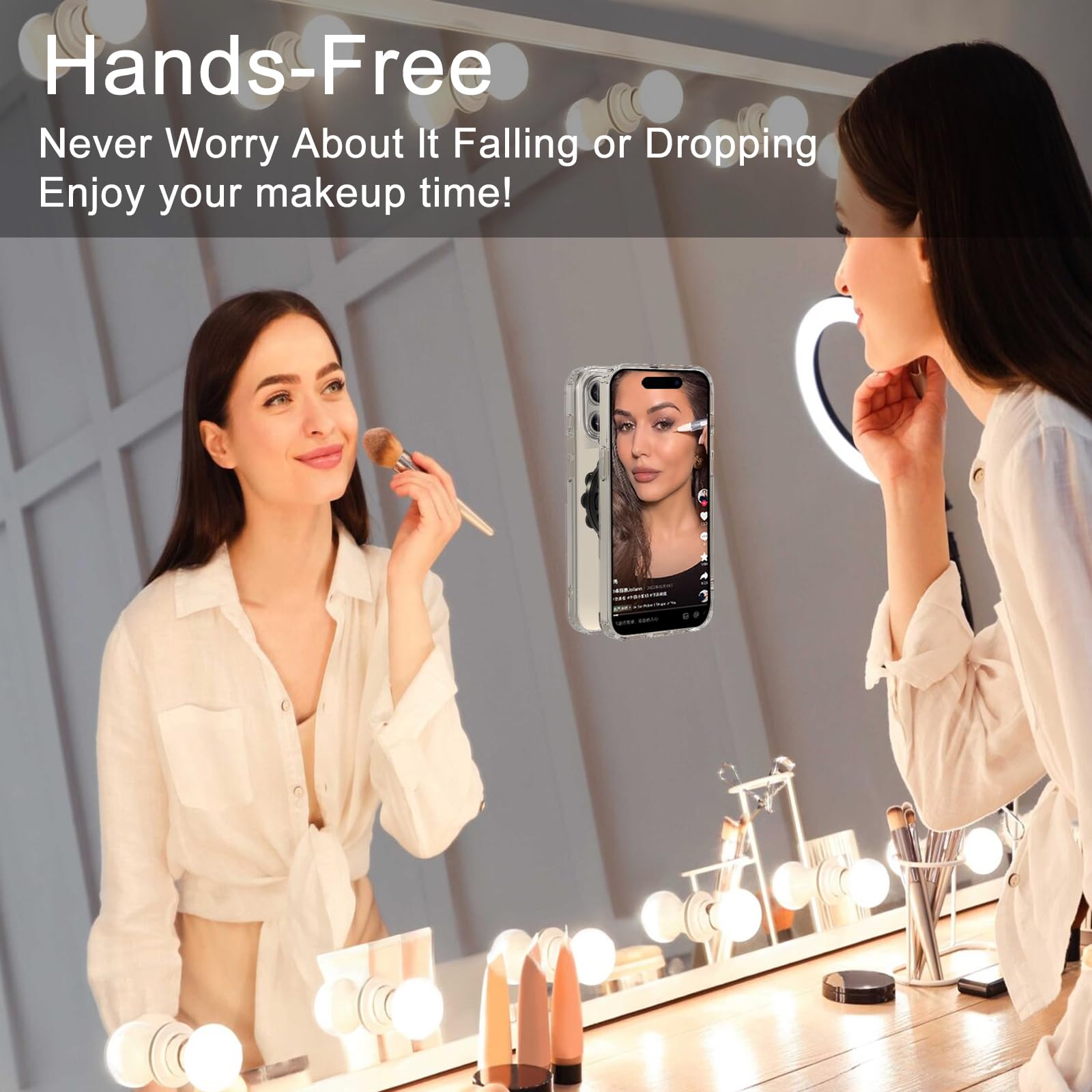 Omee Magnetic Suction Cup Phone Mount - Anti-Slip Hands-Free Silicone Phone Grip for iPhone MagSafe Cases | Mirror & Shower Holder for Selfies, TikTok Videos, Driving & Work (Black)