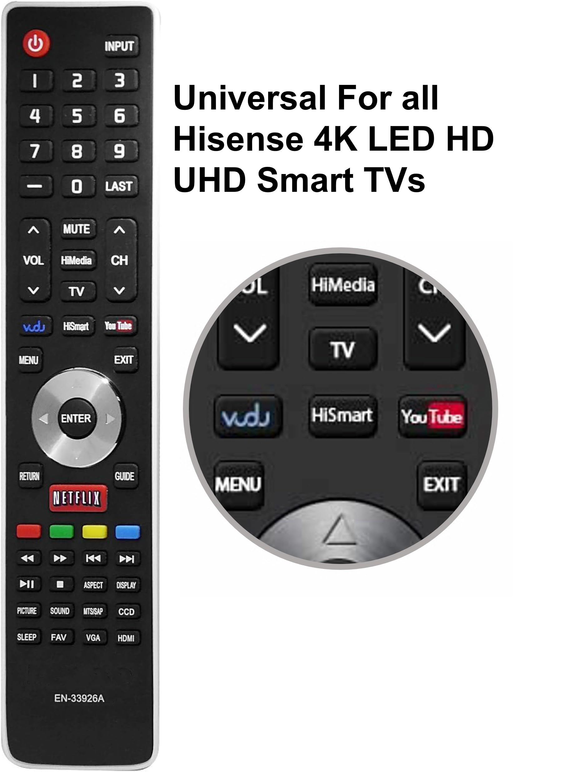 Hisense TV Remote Control EN-33926A Replacement for All Hisense Smart TVs - Universal, No Setup Required - Perfect for Living Room, Bedroom & Home Theater Entertainment