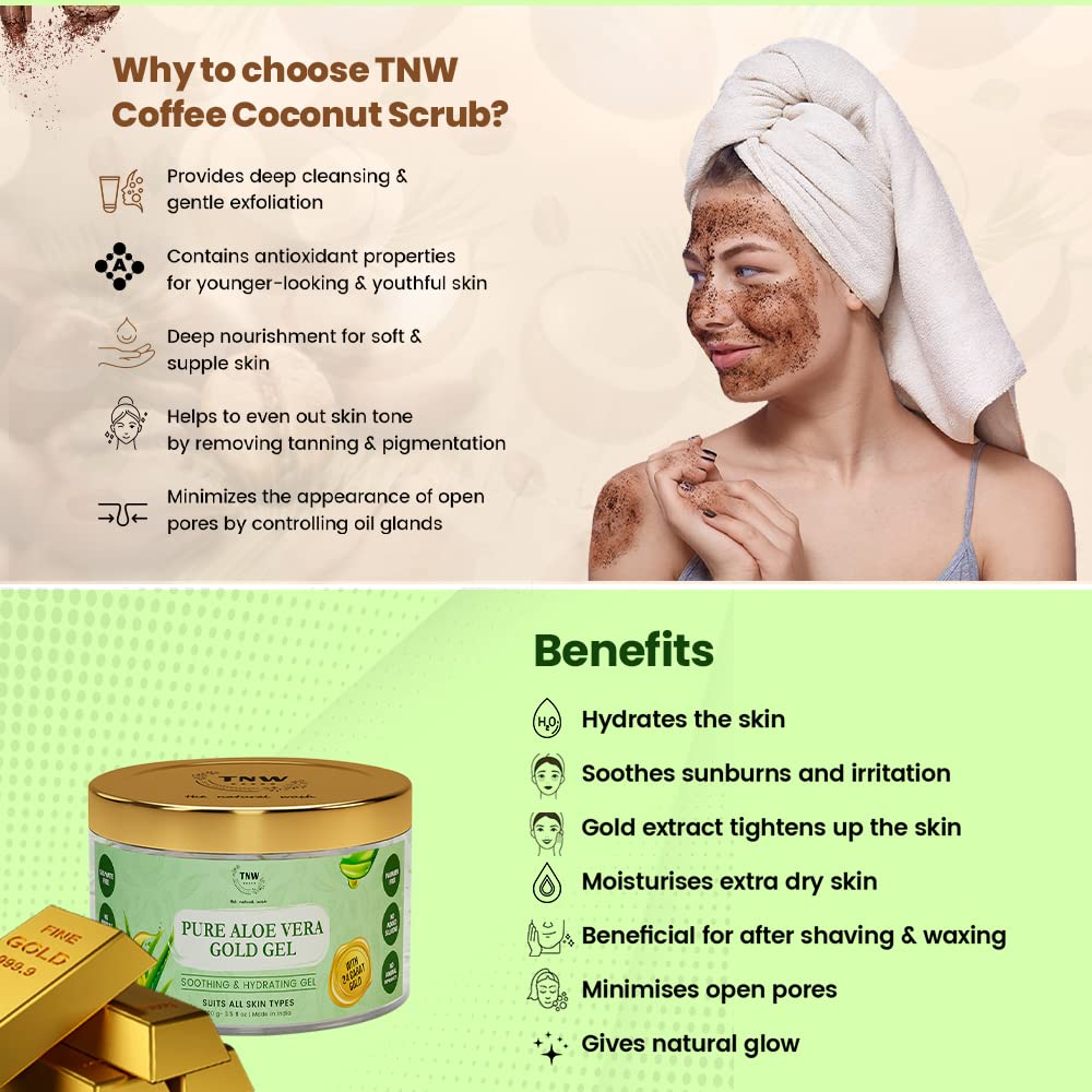TNW-The Natural Wash Face & Body Scrub with Pure Aloe Vera & 24K Gold - Coffee Coconut Exfoliator & Hydrating Aloe Gel (200ml) | Multipurpose Skincare for Dry Skin, Acne Treatment & Sunburn Relief | Perfect for Spa Day & Post-Workout Refreshment