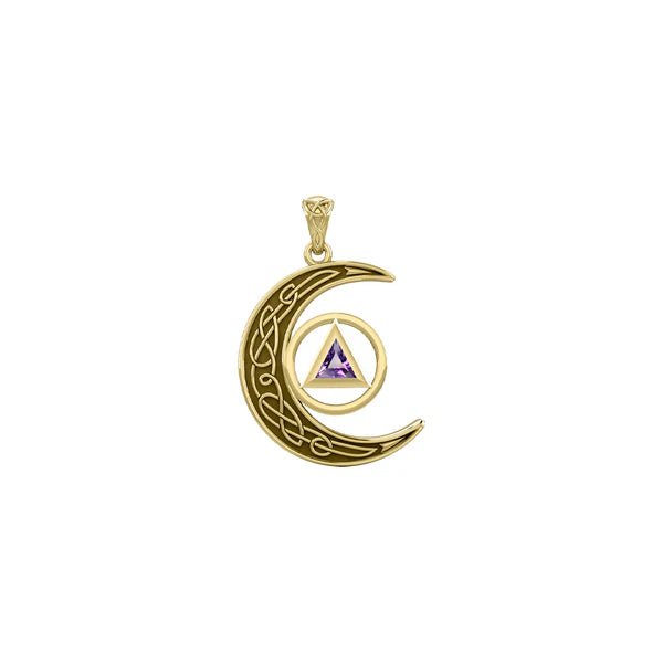 Celtic Crescent Moon Spiritual Key Pendant - 14K Yellow Gold with Gemstone - Perfect for Healing, Meditation & Energy Recovery Jewelry
