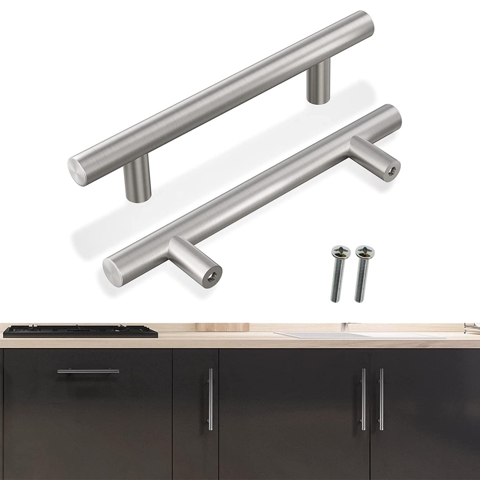 30 Pack 6 Inch Brushed Nickel Stainless Steel Cabinet Handles - T Bar Pulls, Euro Style Modern Round Drawer Handles for Kitchen & Bathroom (3.77 Inch Hole Center) - Perfect for Cabinets, Dressers, Vanities & Furniture Upgrades