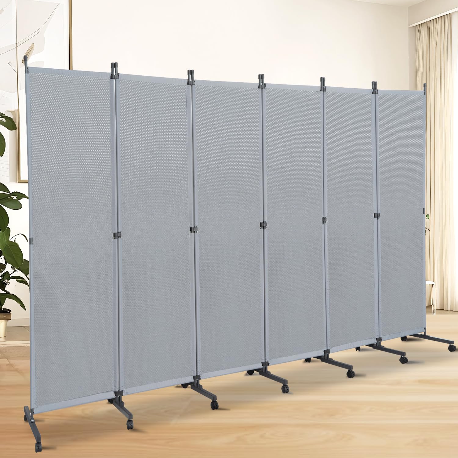 6-Panel Room Divider Screen with Wheels - Portable Freestanding Partition Wall for Studio, Office & Home Decoration - Grey Space Separator for Privacy, Room Division & Interior Design