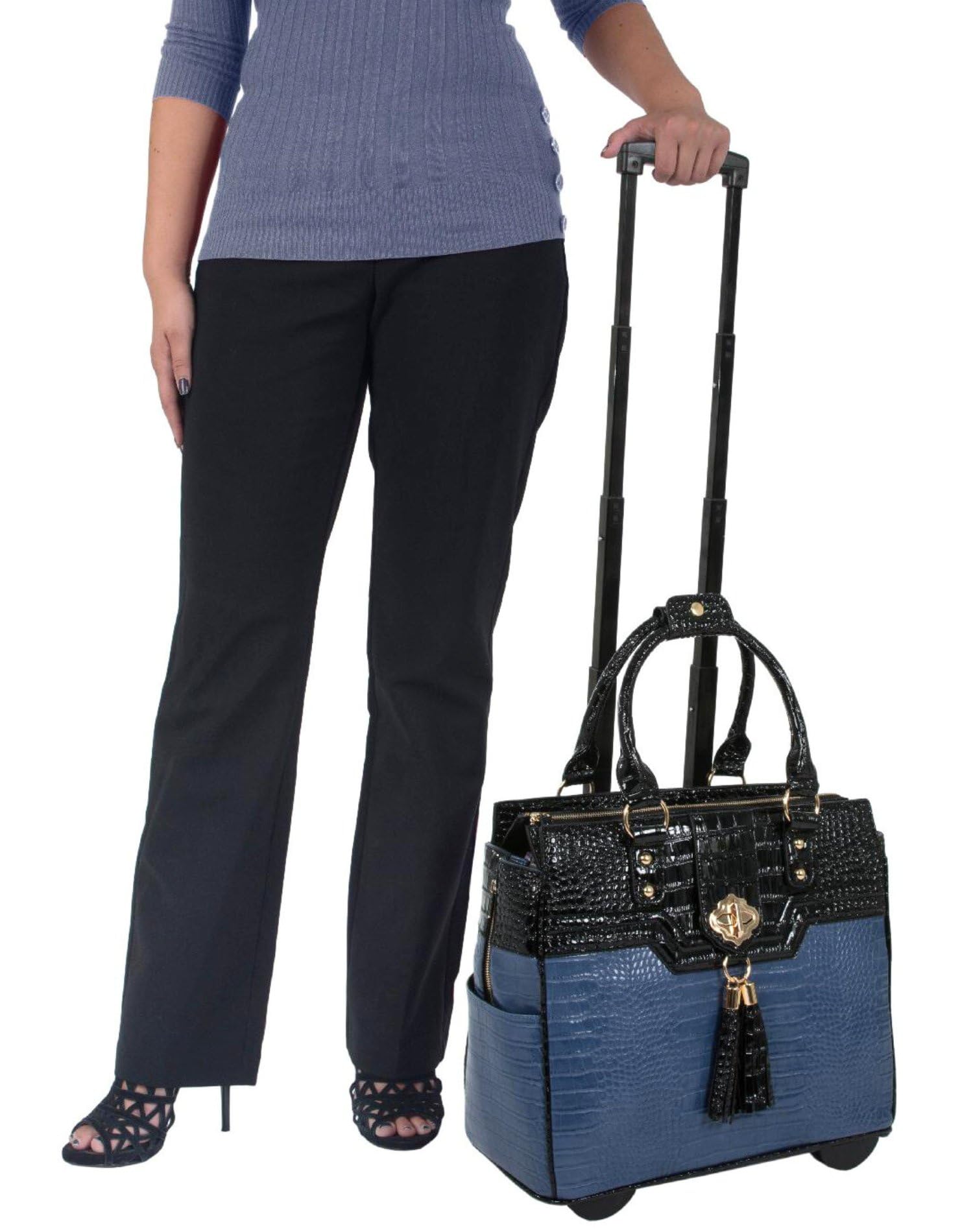 JKM and Company Alligator Print Rolling Tote Bag - Compatible with Laptop, iPad, Tablet - Water-Resistant Briefcase Carryall for Work, Travel & Business Meetings