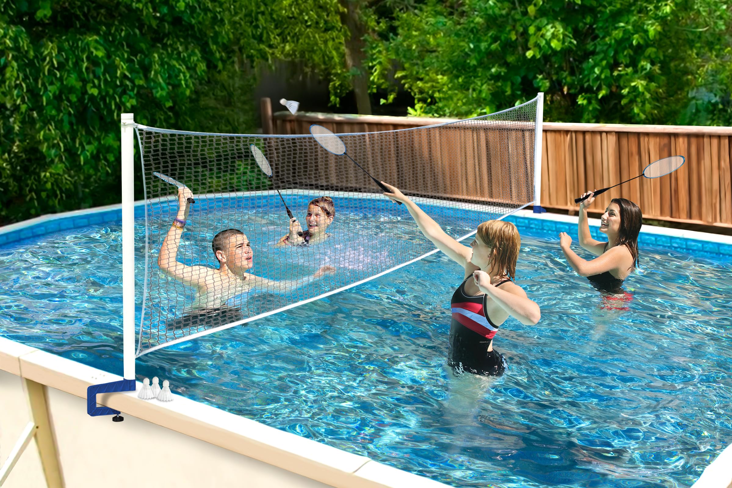 Poolmaster 72786 Above-Ground Pool Water Volleyball & Badminton Set with Bracket Mounts - 16-Ft White | Fun Outdoor Pool Games for Family & Friends | Summer Backyard Party & Poolside Entertainment