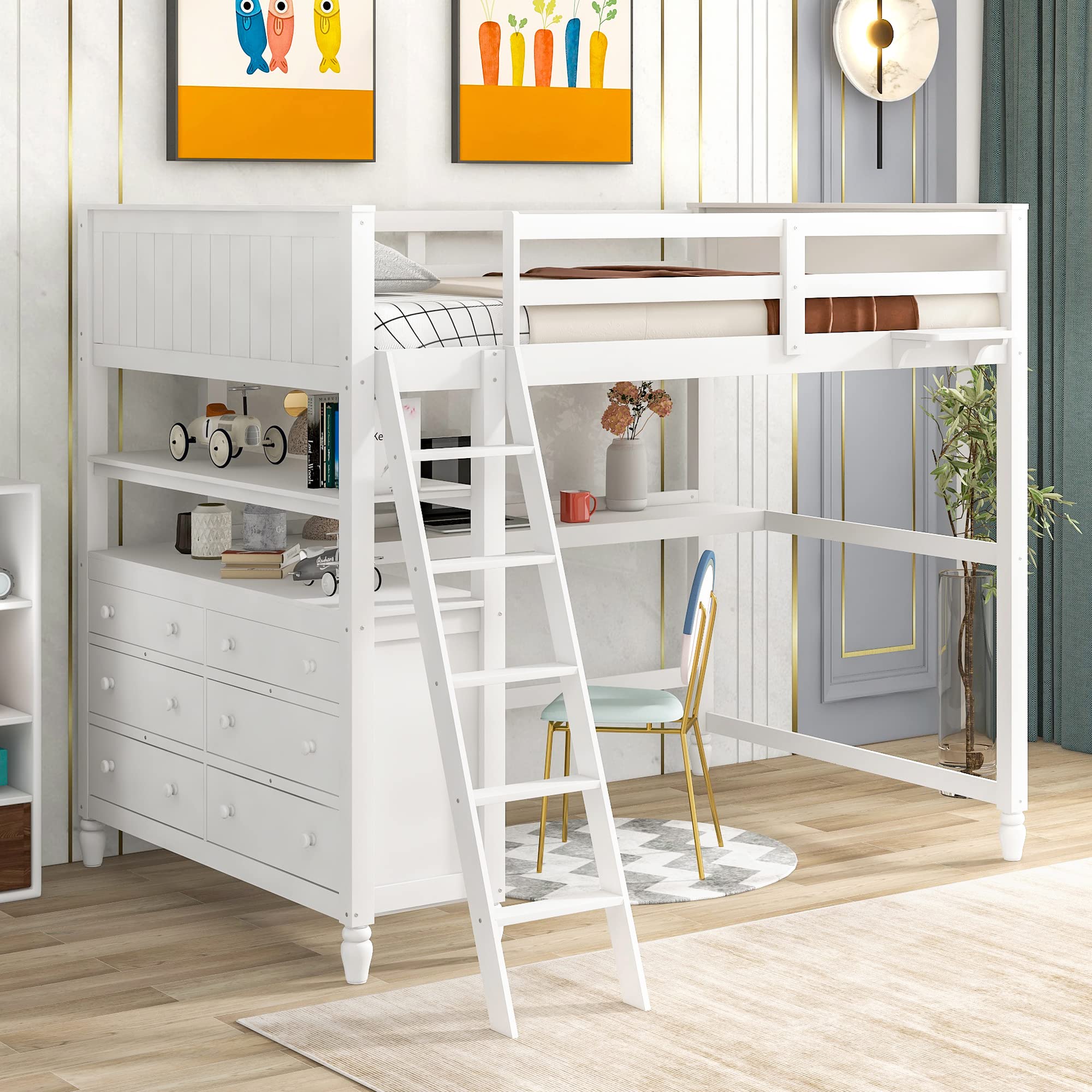 Modern Solid Pine Wood Full Size Loft Bed with Drawers, Desk & Shelves - Sturdy High Sleeper for Kids, Teens & Adults (White+A) - Perfect for Small Bedrooms, Dorms & Space-Saving Kids Rooms