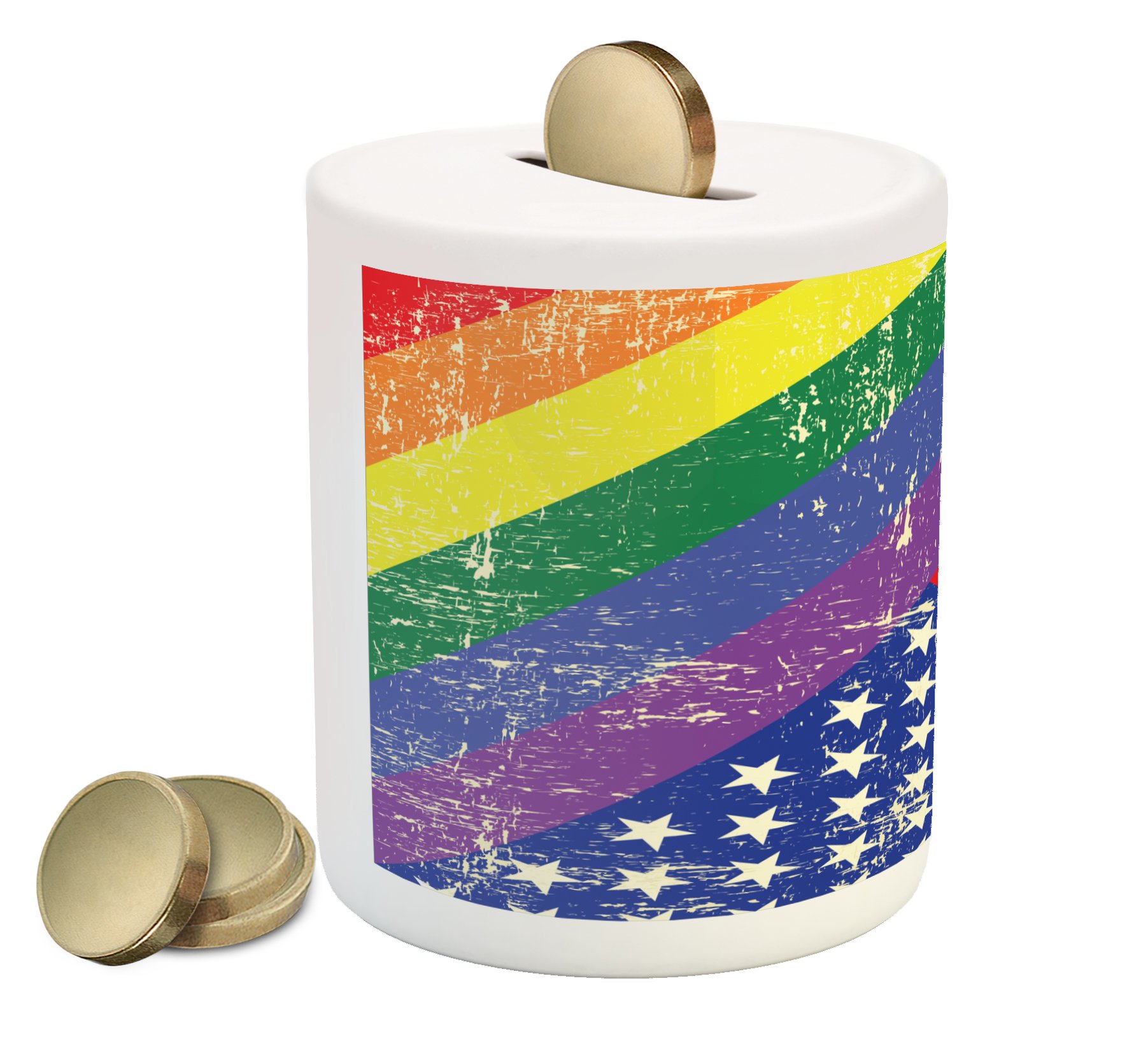 Ambesonne Vintage Rainbow Piggy Bank - Patriotic Pride Flag & Freedom Themed Ceramic Coin Bank for Cash Savings | LGBT Gift, Home Decor, Kids' Savings, Collectible Money Box (Multicolor)