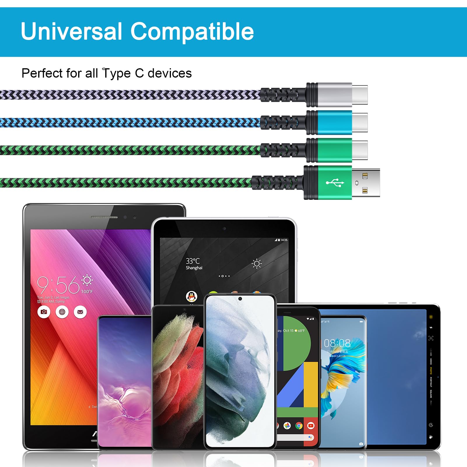 3-Pack 6FT USB C to USB A Fast Charging Cable - Compatible with Google Pixel 8a/8 Pro/8/9 Pro XL/7a/7 Pro/7/6a/6/5/4/3, Samsung Galaxy S24 FE/S24 Ultra/S25, iPhone 16 - High-Speed Charging & Data Sync for Home, Office & Car Use