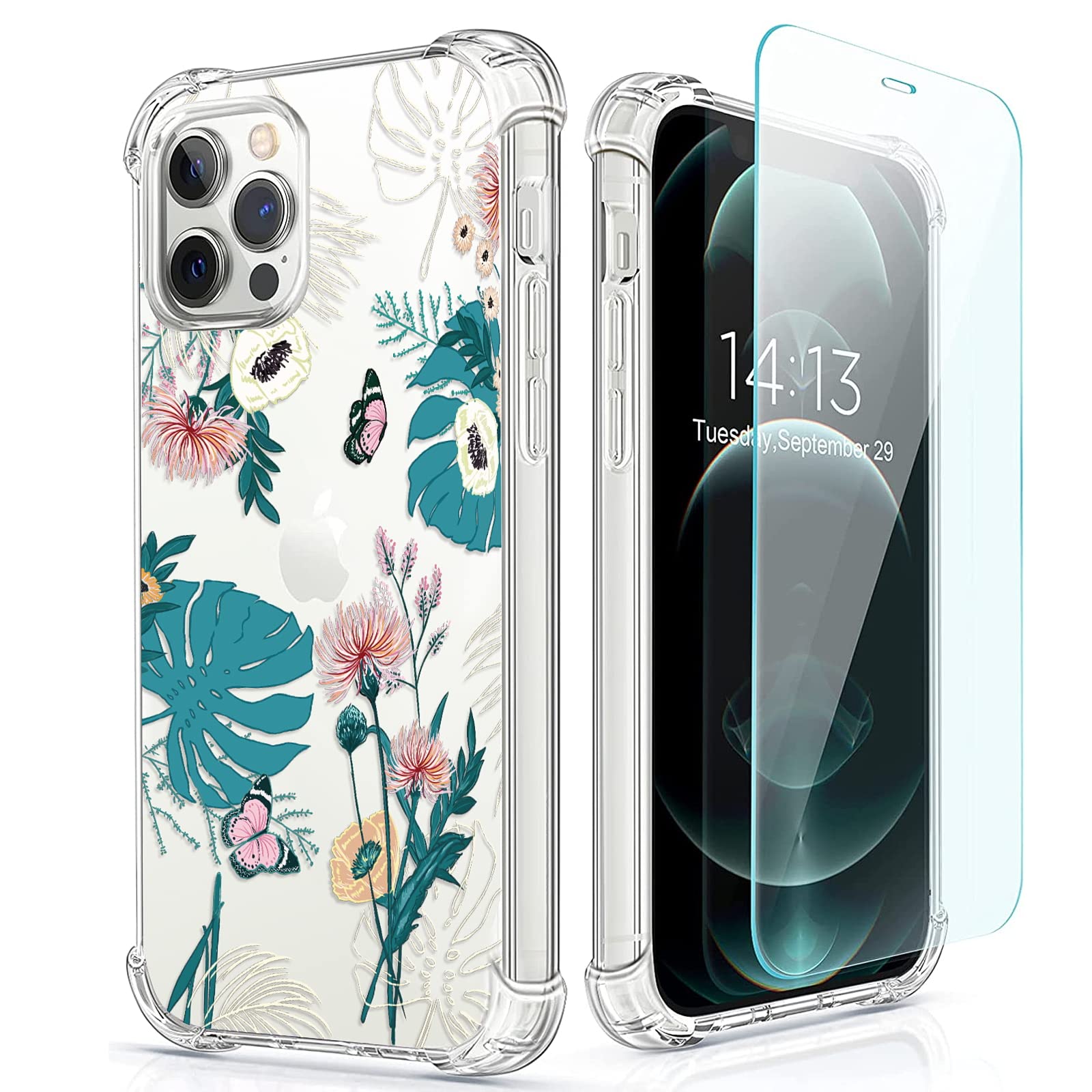 RoseParrot [5-in-1] iPhone 12 Pro Max Case with Screen Protector, Ring Holder & Waterproof Pouch - Floral Pattern Clear Soft Flexible Protective Cover (P-Butterfly) - Perfect for Daily Use, Travel & Outdoor Activities