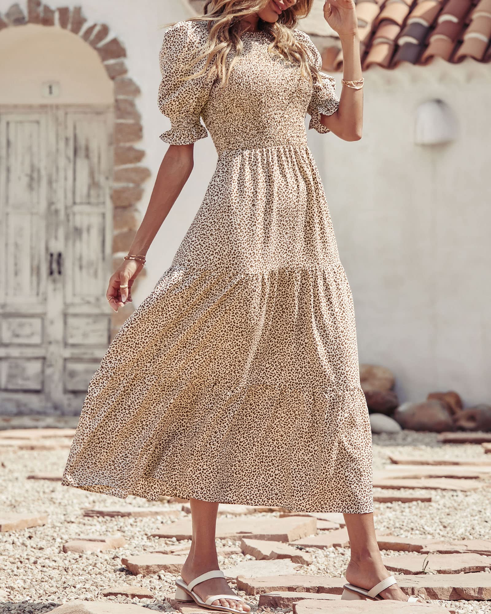 BTFBM Women's Casual Summer Floral Print Boho Maxi Dress - Crew Neck, Ruffle Short Sleeve, Smocked Waist, Flowy Design for Spring/Summer 2025 | Perfect for Beach Vacations, Date Nights & Boho Fashion Outfits