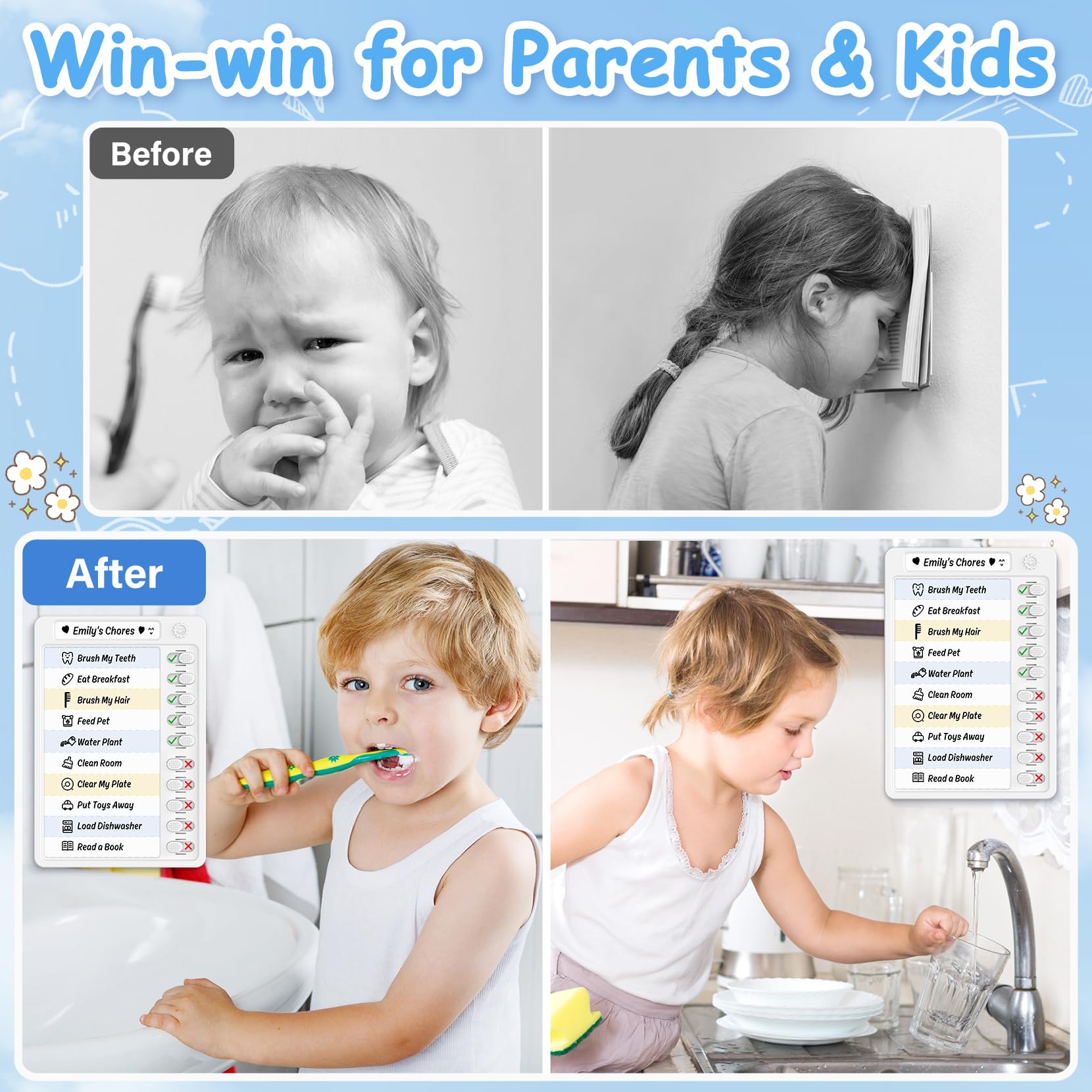 Reusable Kids Chore Chart with 52 Stickers - Dry Erase Daily Routine & Reward Board - Responsibility Planner for Back to School - Perfect for Home Organization & Child Behavior Management (1 Pack)