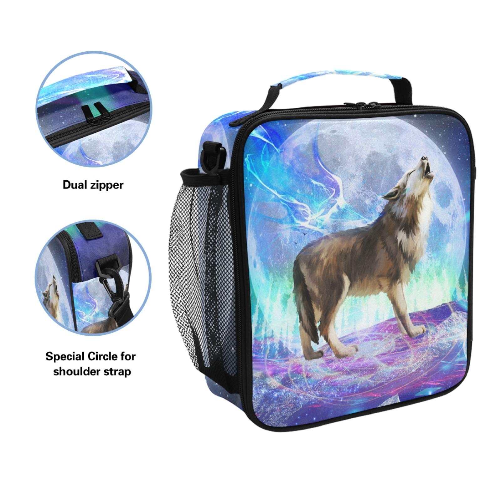 ALAZA Insulated Lunch Box - Large Freezable Cooler Bag for Men, Women & Kids - Wolf & Galaxy Design with Shoulder Strap - Perfect for Work, School, Picnics & Outdoor Activities