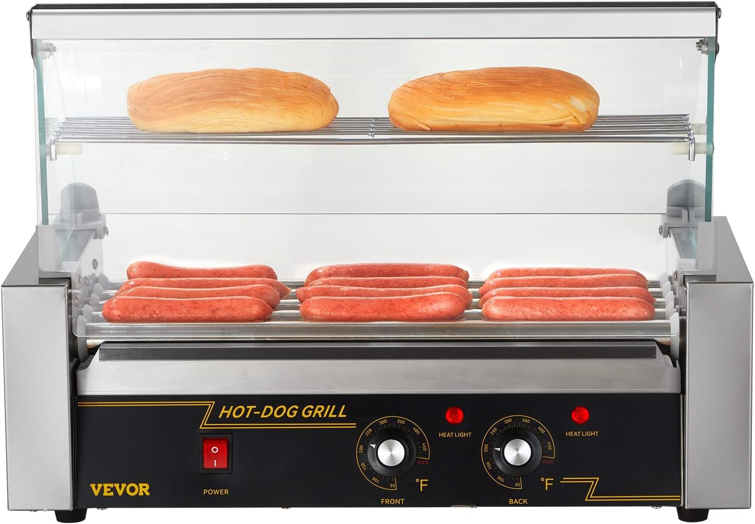 VEVOR Commercial Hot Dog Roller Machine - 12 Hot Dog Capacity, 5 Stainless Steel Rollers, 750W Sausage Grill Cooker with Cover, Dual Temperature Control, LED Light & Detachable Drip Tray - Perfect for Restaurants, Food Trucks, Carnivals and Home Use