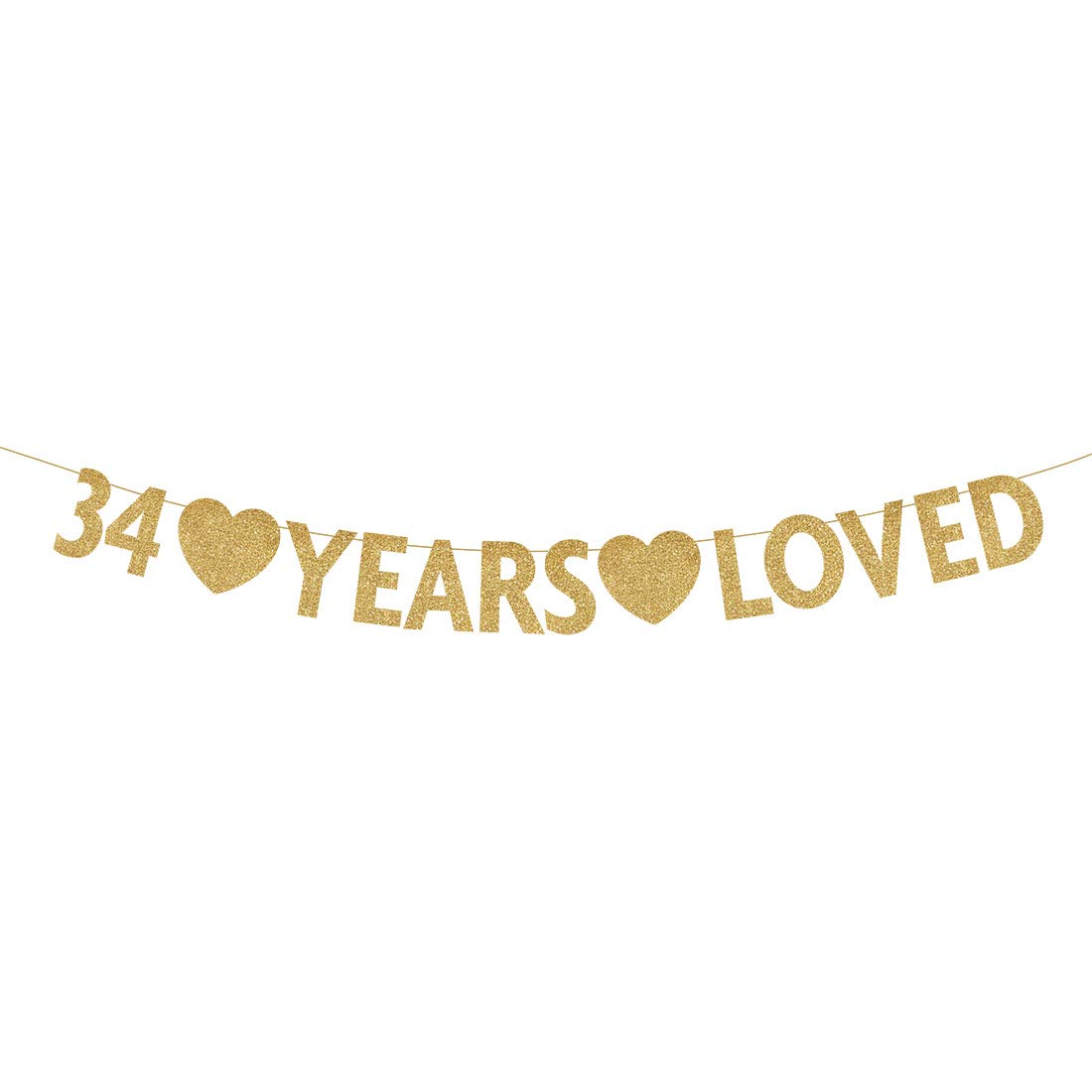Gold 34 Year Loved Banner - Sparkling Gold Glitter Happy 34th Birthday Party Decorations & Supplies - Perfect for Anniversary Celebrations, Milestone Parties, and Special Occasions