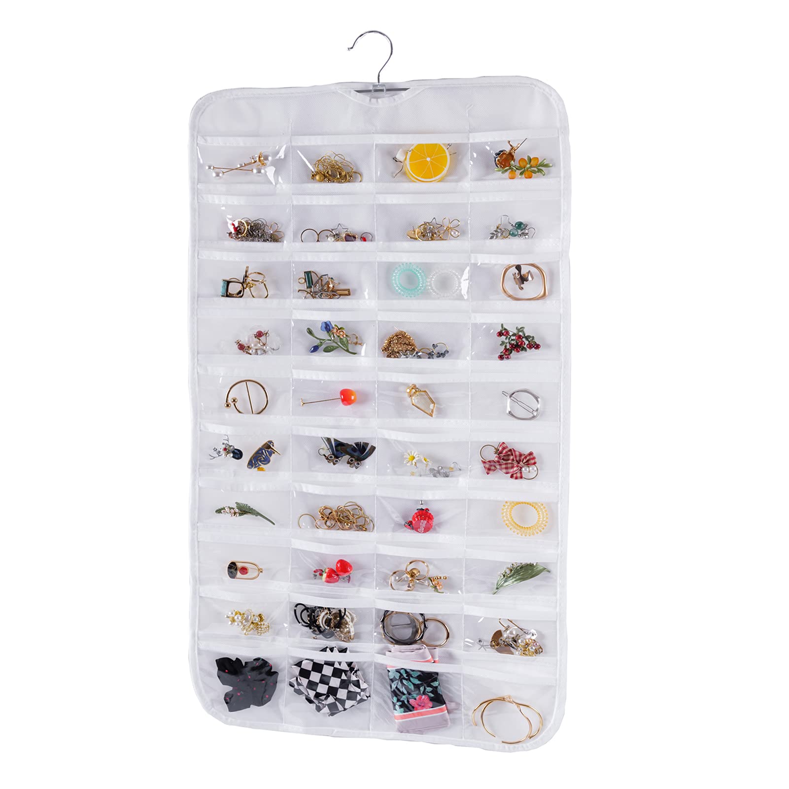 Double Sided 80 Pocket Jewelry Organizer - Bloss Hanging Jewelry Storage Bag with 2 Fabric Layers for Necklaces, Bracelets, Earrings & Rings | Perfect for Travel, Home Closet & Craft Room Organization (Black/White)