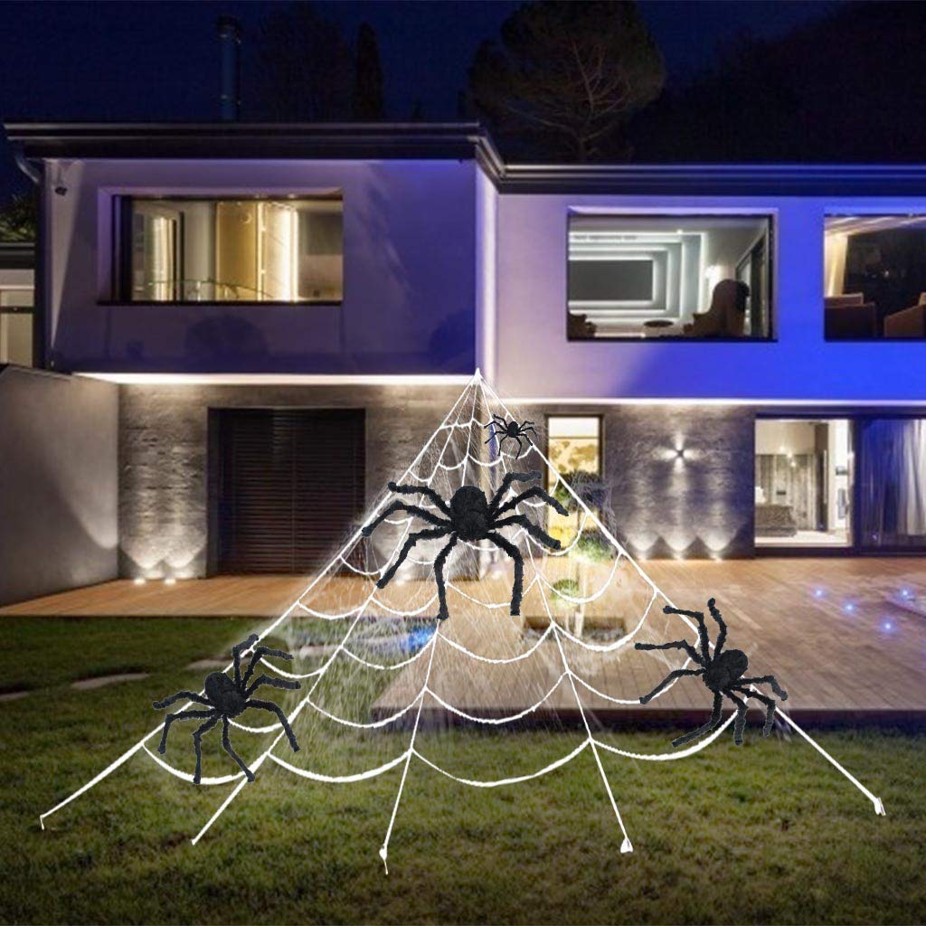 Goldye 7m Triangular Mega Spider Web Halloween Decor - 29.5 Inch Large Scary Spider (1PC) for Outdoor Yard, Garden, Lawn & Party - Perfect for Halloween Night, Haunted House Decorations & Spooky Themed Events - Black