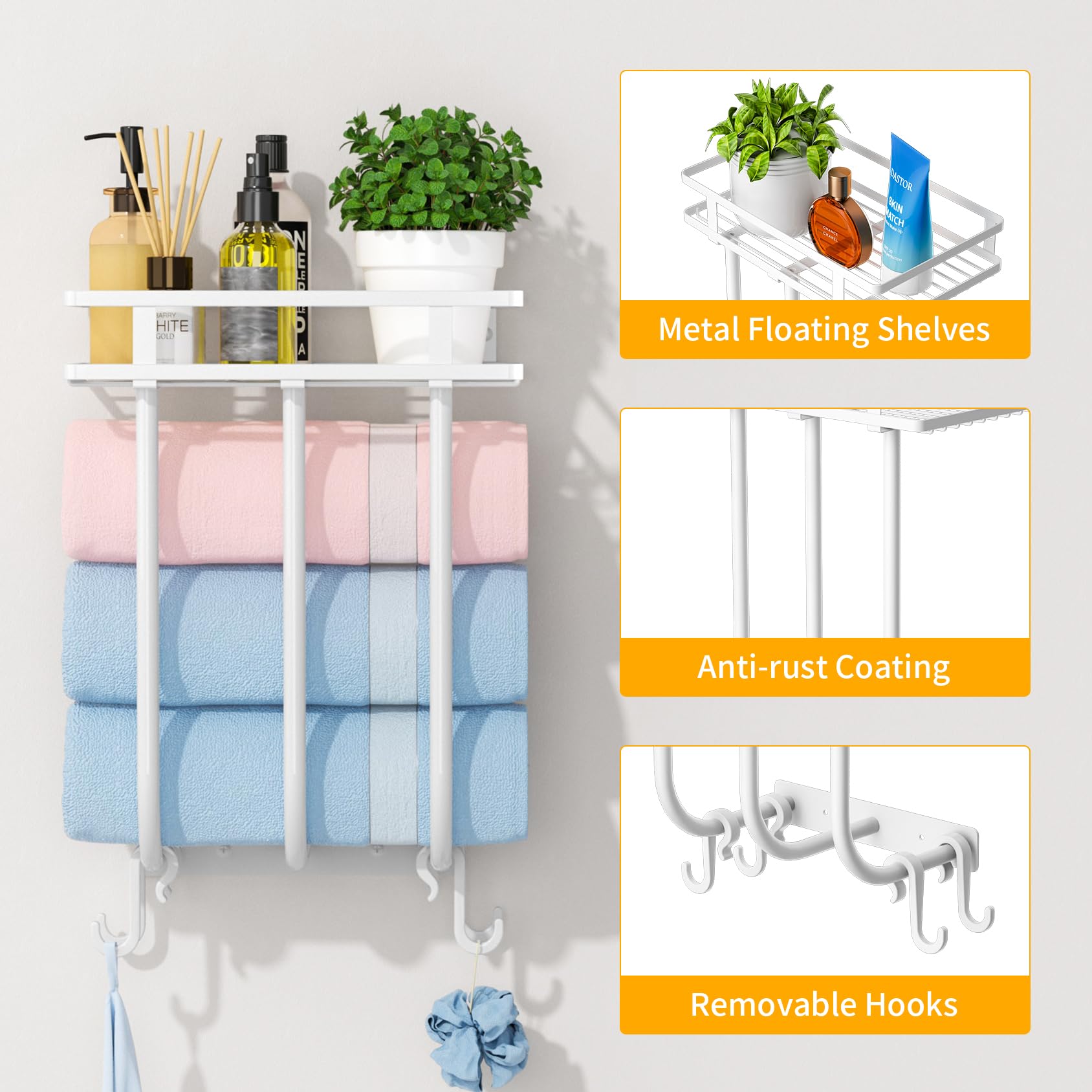 Stainless Steel Wall Mounted Bathroom Towel Rack with 4 Hooks & Shelf - Space Saving Towel Holder Organizer for Small Bathrooms (Holds 3 Large Rolled Towels, White) - Perfect for Bathroom, Laundry Room & Spa Decor
