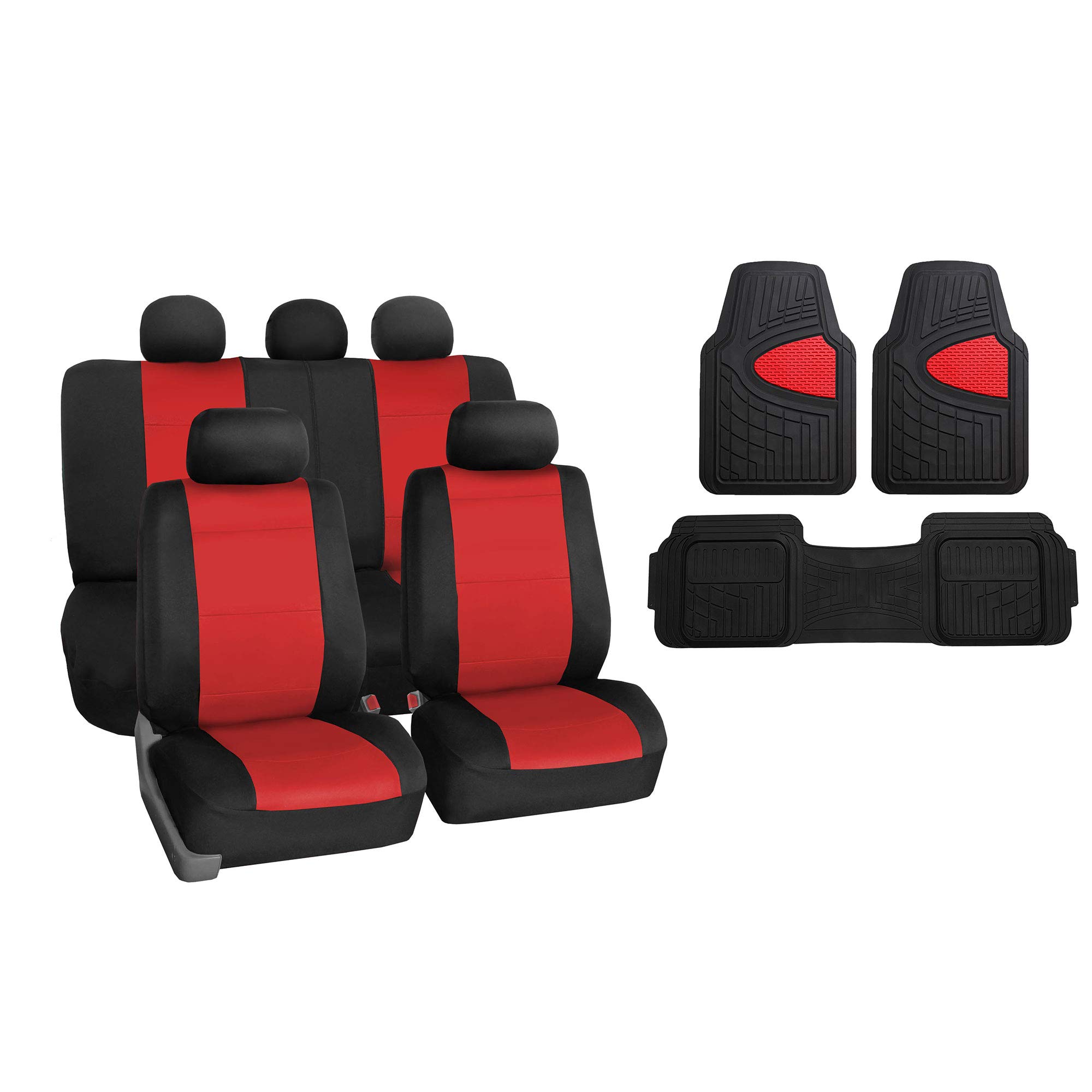 Premium Neoprene Red Car Seat Covers Full Set - Universal Fit, Airbag Compatible & Waterproof with Heavy Duty Trimmable Floor Mats - Perfect for Cars, Trucks & SUVs - Ideal for Road Trips, Daily Commute & Outdoor Adventures