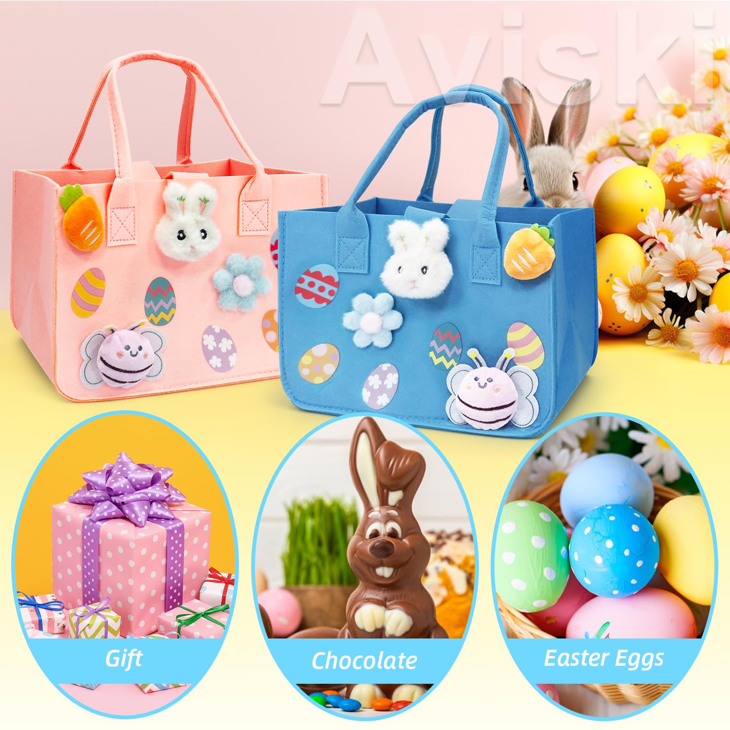 Aviski 2-Pack Easter Egg Hunt Bags with Handles - Pastel Pink & Light Blue Felt Easter Bunny Gift Bags (12