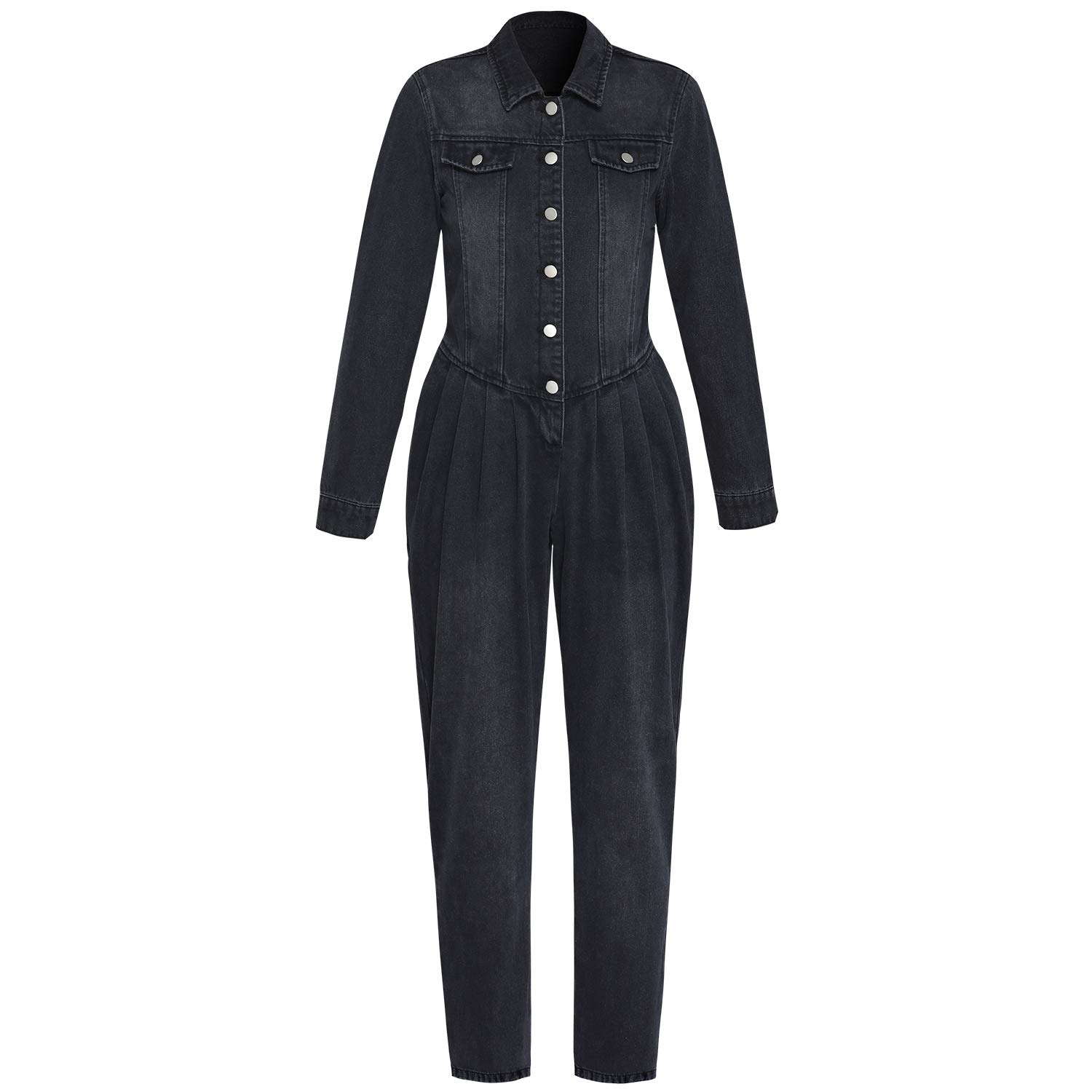 Women's Denim Long Sleeve Jumpsuit - Stylish One-Piece Romper for Casual Wear, Work & Date Night | Comfortable Stretch Fabric with Pockets | Plus Size Options Available