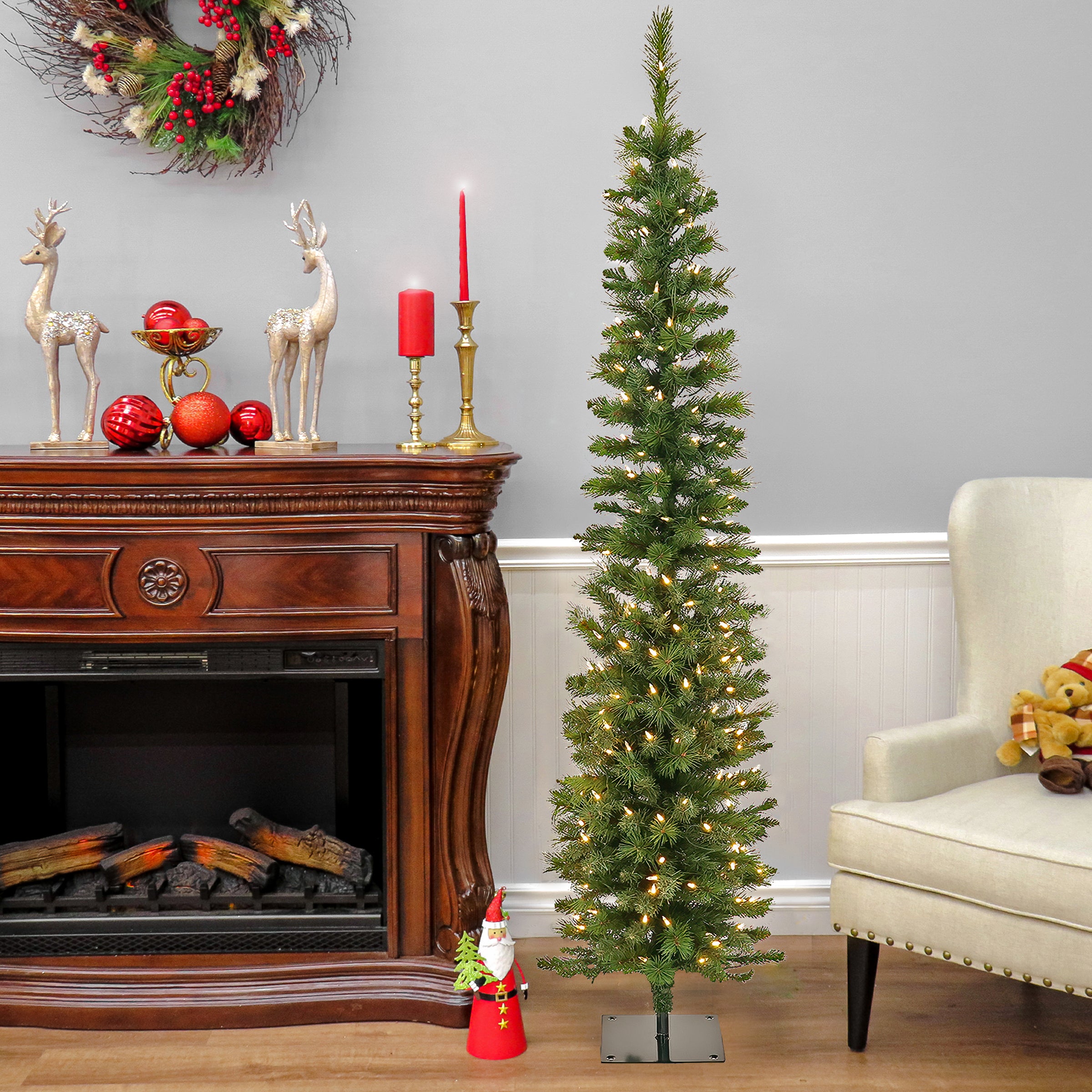 6 ft. Pre-Lit Nooksack Fir Pencil Slim Christmas Tree with Warm White LED Lights - Perfect for Small Spaces, Apartments, and Holiday Decor