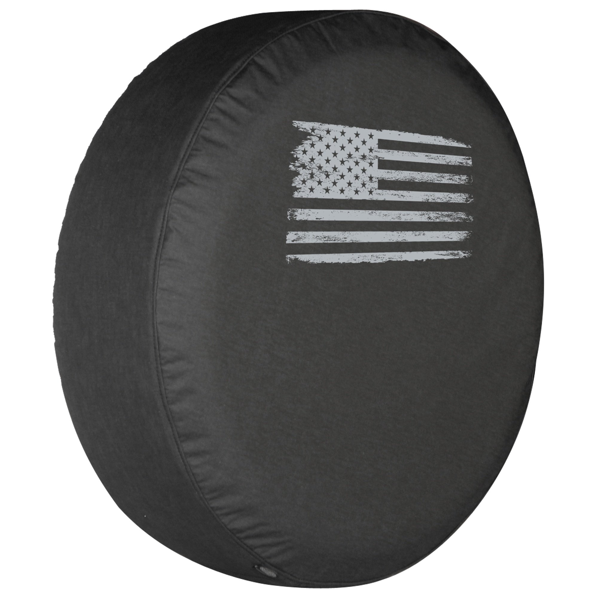 30 Inch Distressed American Flag Spare Tire Cover - Black Denim Vinyl with Silver Print - Made in USA - Perfect for Jeep, Truck & SUV Accessories