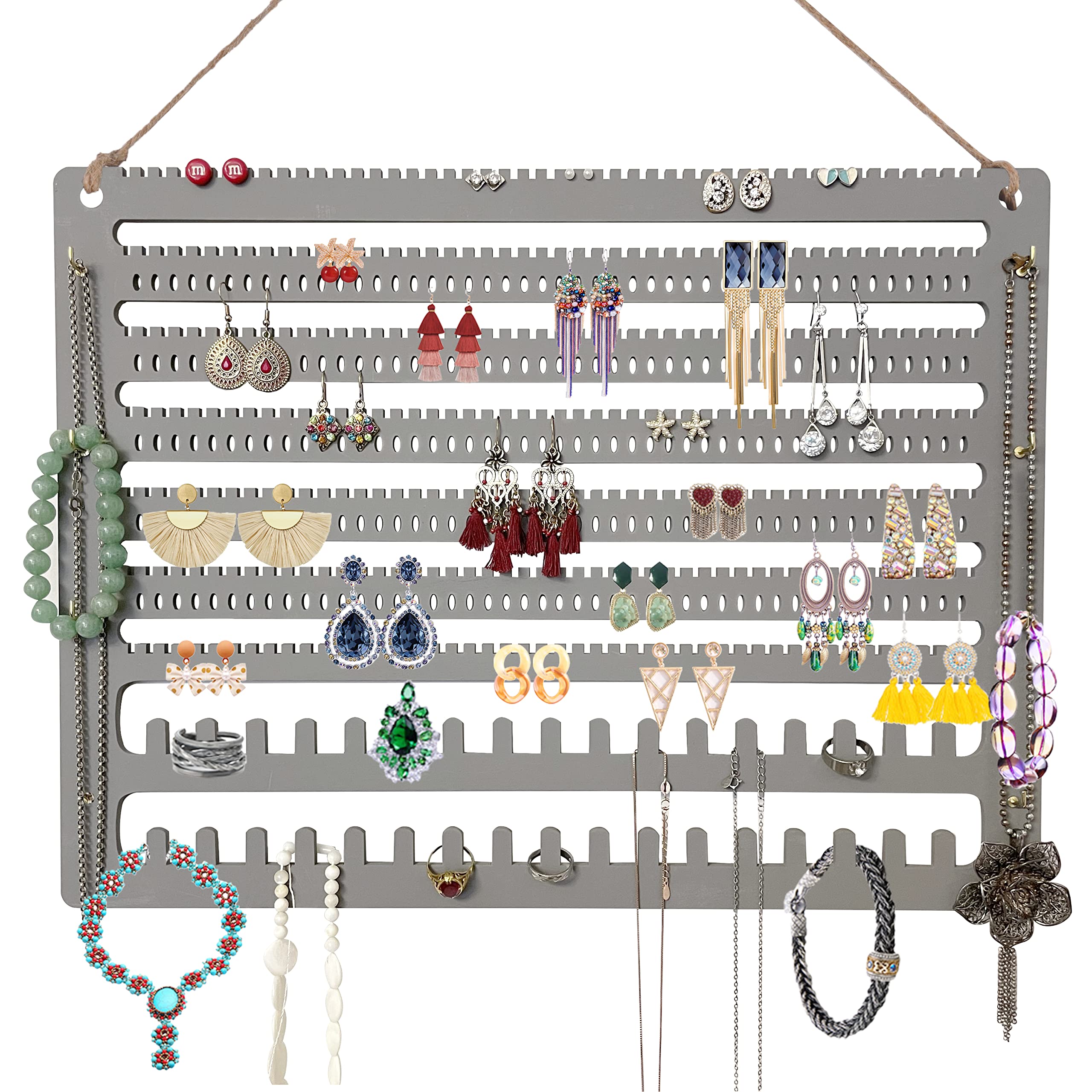 Wooden Jewelry Organizer Wall Mounted - Hanging Jewelry Storage for Earrings, Necklaces, Bracelets & Rings - Over the Door Jewelry Holder (Grey, 16