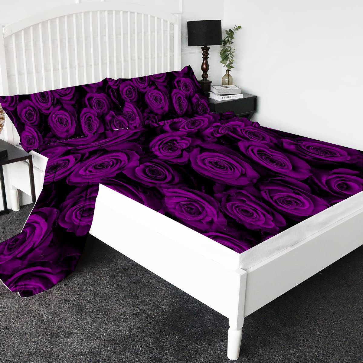 Sleepwish Lavender Rose 4-Piece Cal King Sheet Set - Soft Floral Bedding with Fitted Sheet, Flat Sheet & 2 Pillowcases | Luxury Purple Floral Design for Master Bedroom & Guest Room Decor