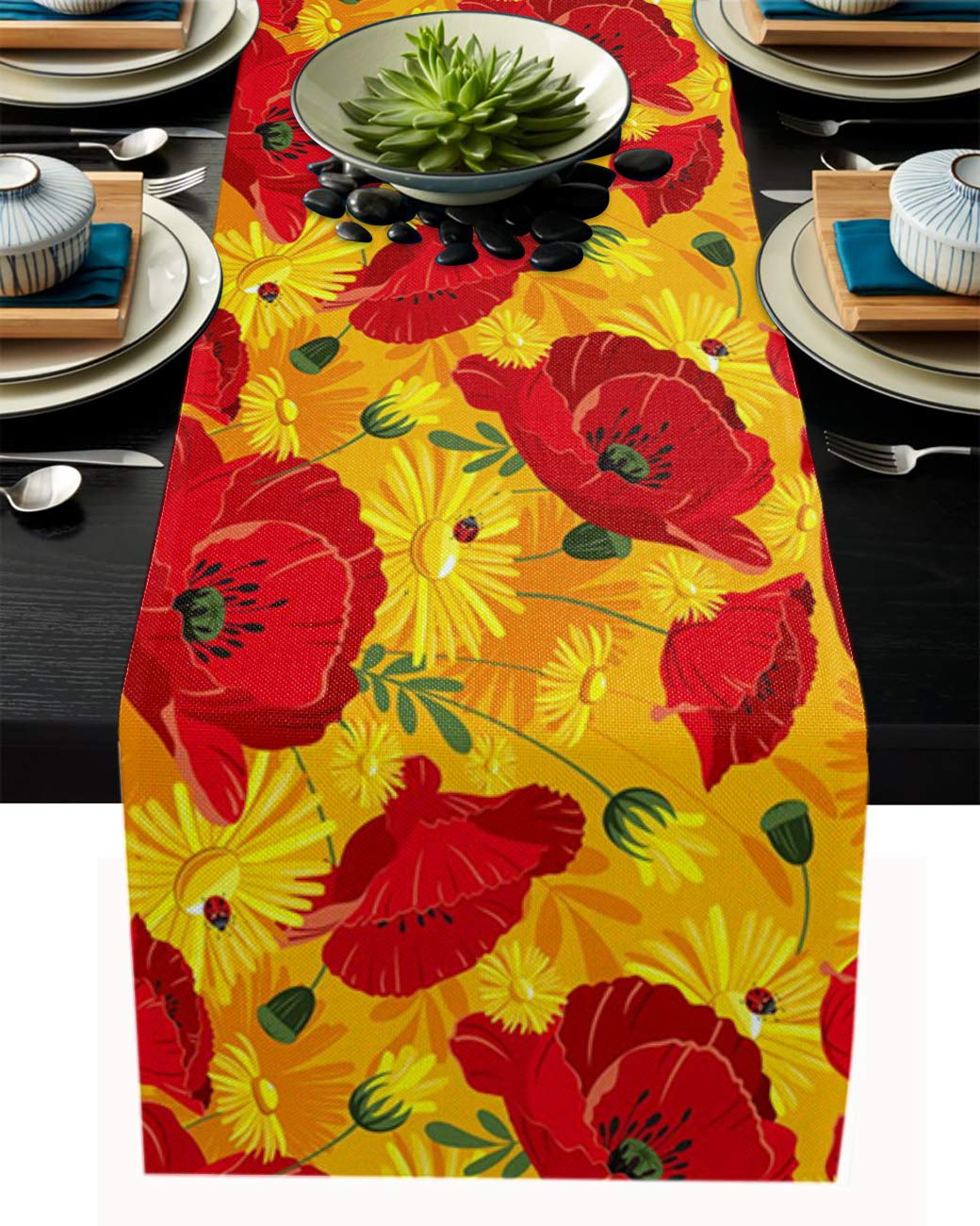 Non-Slip Poppy Flower Table Runner - 13x90 Inch Red Yellow Orange Cotton Linen Table Decoration for Dining Table, Dresser, Wedding & Coffee Party | Perfect for Outdoor Events, Home Decor & Holiday Gatherings